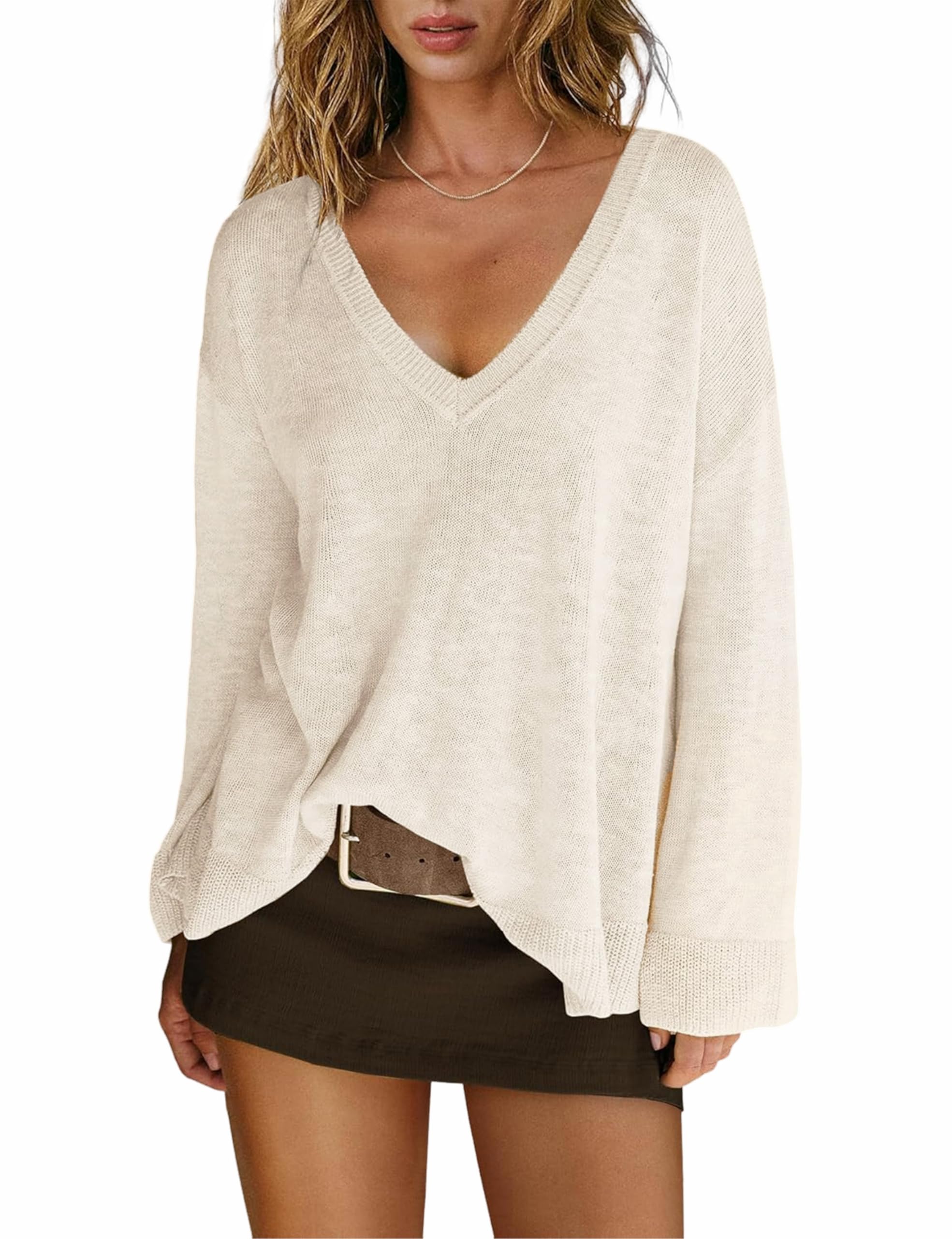 Dqbeng Womens V Neck Oversized Sweater Pullover Lightweight Slouchy Long Sleeve Loose Fit Casual Spring Tunic Tops