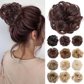 Benehair Messy Bun Hair Piece Scrunchy Updo Hair Pieces for Women Fluffy Wavy Hair Bun Scrunchies Donut Hairpiece Synthetic Chignons with Elastic Rubber Band Black mix Dark Auburn 1pc 25g