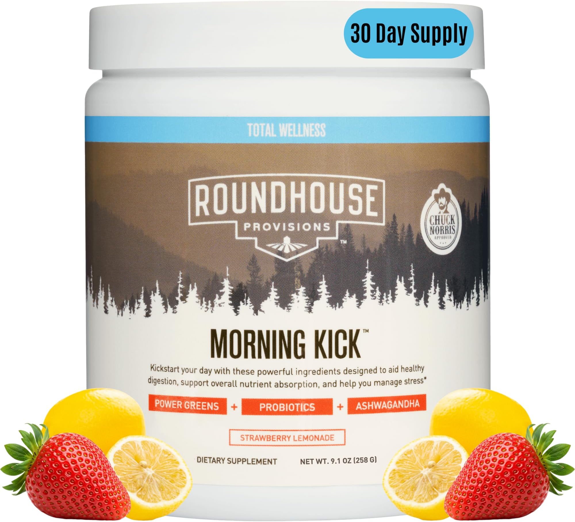 ROUNDHOUSE PROVISION Morning Kick, Zero Sugar Greens Superfood Powder Supplement with Ashwagandha, Collagen, Probiotics, Debloat Drink, 30 Servings (Strawberry Lemonade) by Chuck Norris