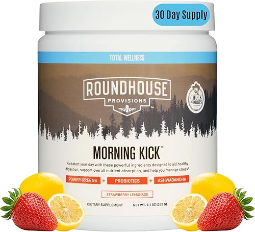 ROUNDHOUSE PROVISION Morning Kick, Suplemento en polvo de superalimento sin azúcar con Ashwagandha, colágeno, probióticos, bebida deshinchable, 30