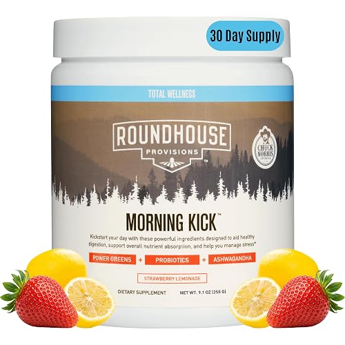 ROUNDHOUSE PROVISION Morning Kick Greens, Strawberry Lemonade, 30 Servings | Greens Superfood Powder for Gut Health, Sugar Free, Caffeine Free, Ashwagandha, Collagen Peptides, Probiotics, Chuck Norris