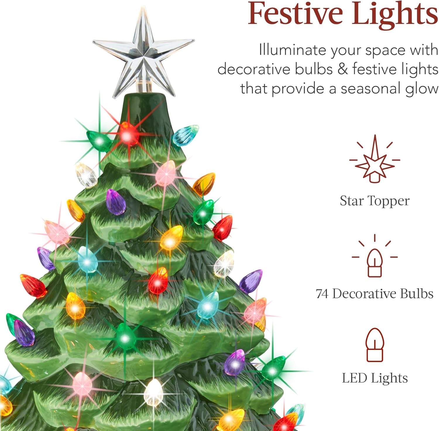 Best Choice Product 24in Extra Large Ceramic Christmas Tree, Pre-Lit Hand-Painted Tabletop XL Indoor Holiday Tree, 74 Multicolor Bulbs, LED Lights - Green