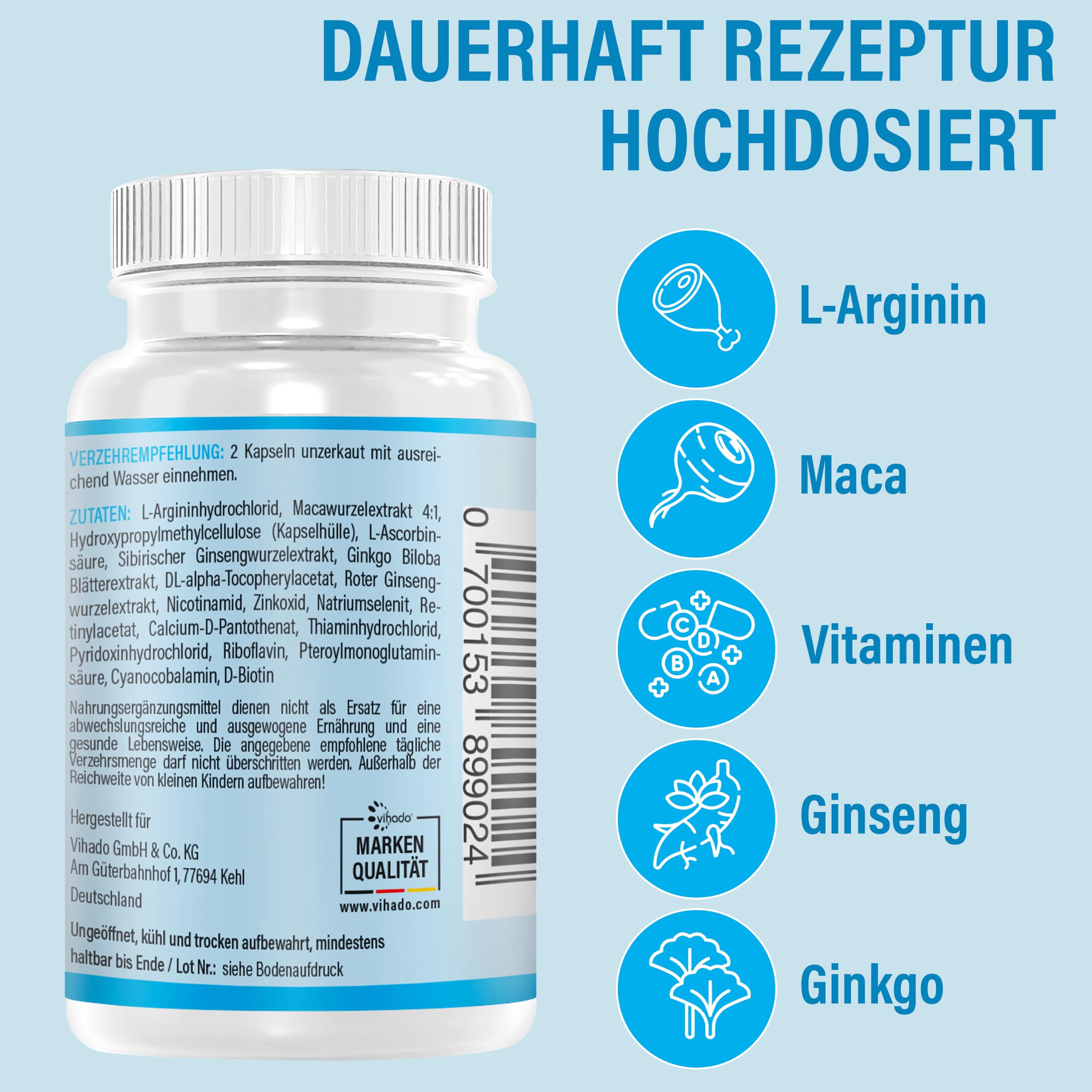 Vihado 4MEN 2.0 - Männer Kapseln extrastark - DAUERHAFT Rezeptur hochdosiert - mit L-Arginin, Maca, Vitaminen, Ginseng, Ginkgo, 60 Kapseln