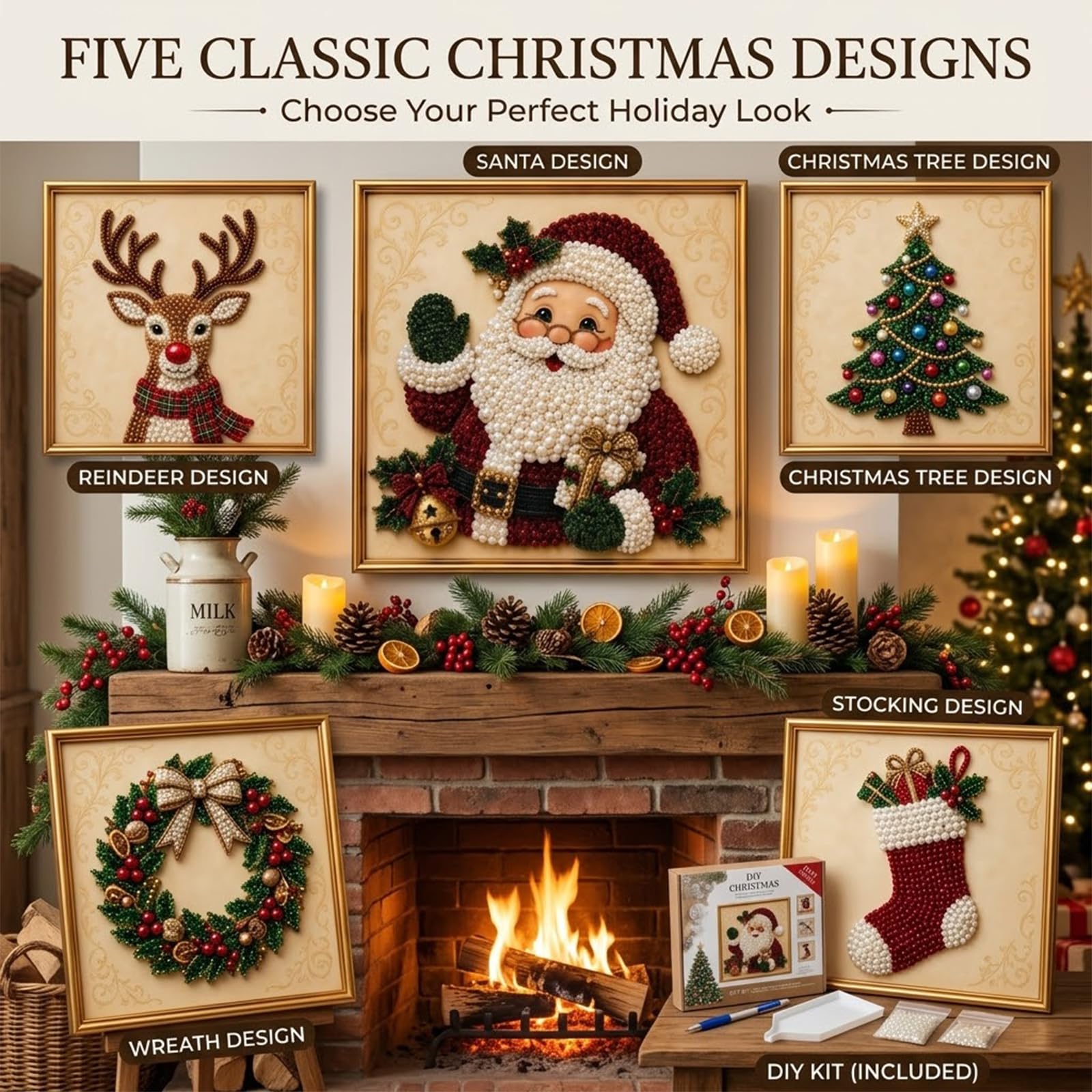 Zestaw 3D Pearl Christmas Wall Art Kit, oprawiony zestaw do malowania diamentowego DIY z koralikiem