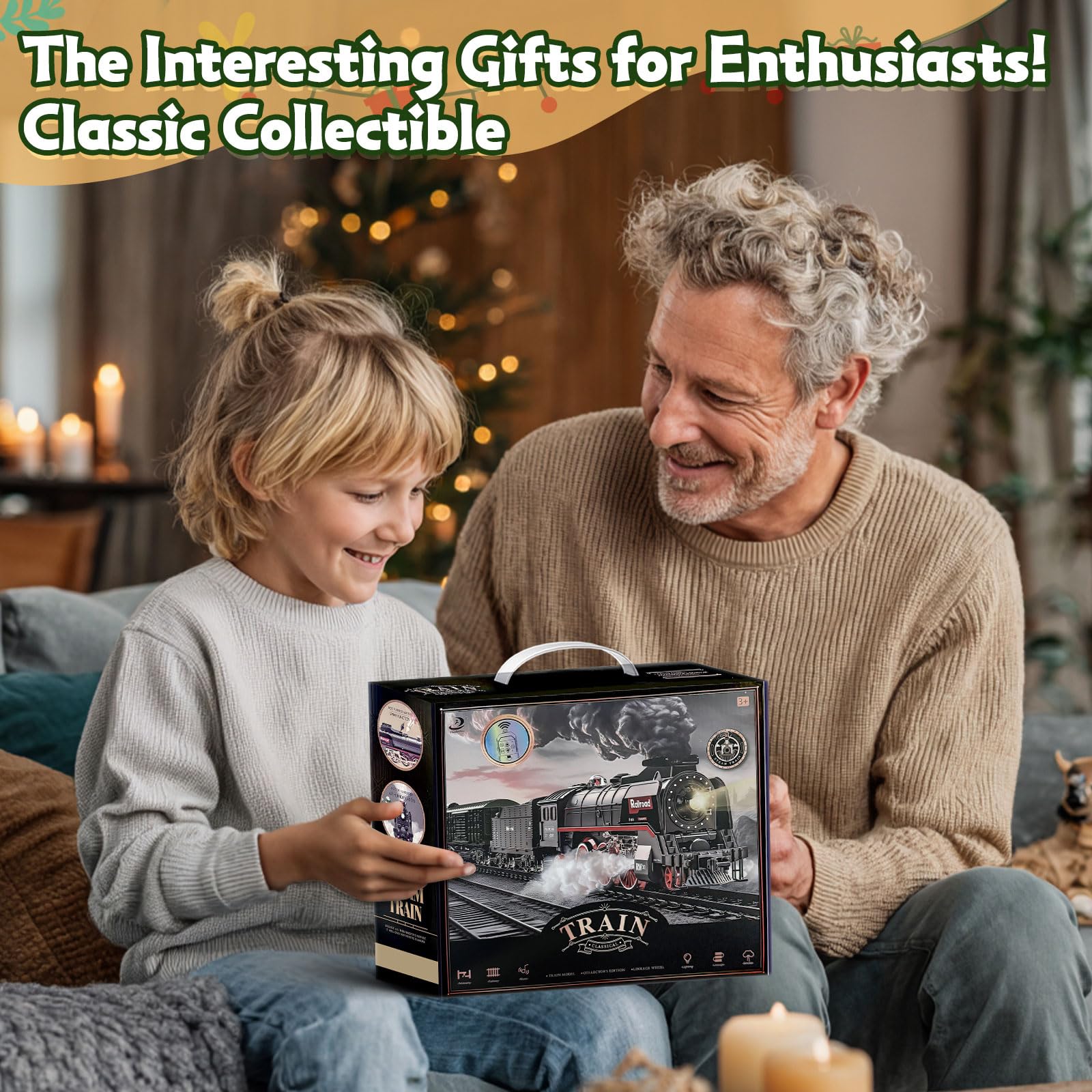 Tren teledirigido eléctrico de Navidad 2.4GHz con Vapor, Luces y Sonido, Incluye Locomotora, vagones y vías, batería Recargable USB, decoración Debajo del árbol, Regalo Ideal para niños Desde 3 años.