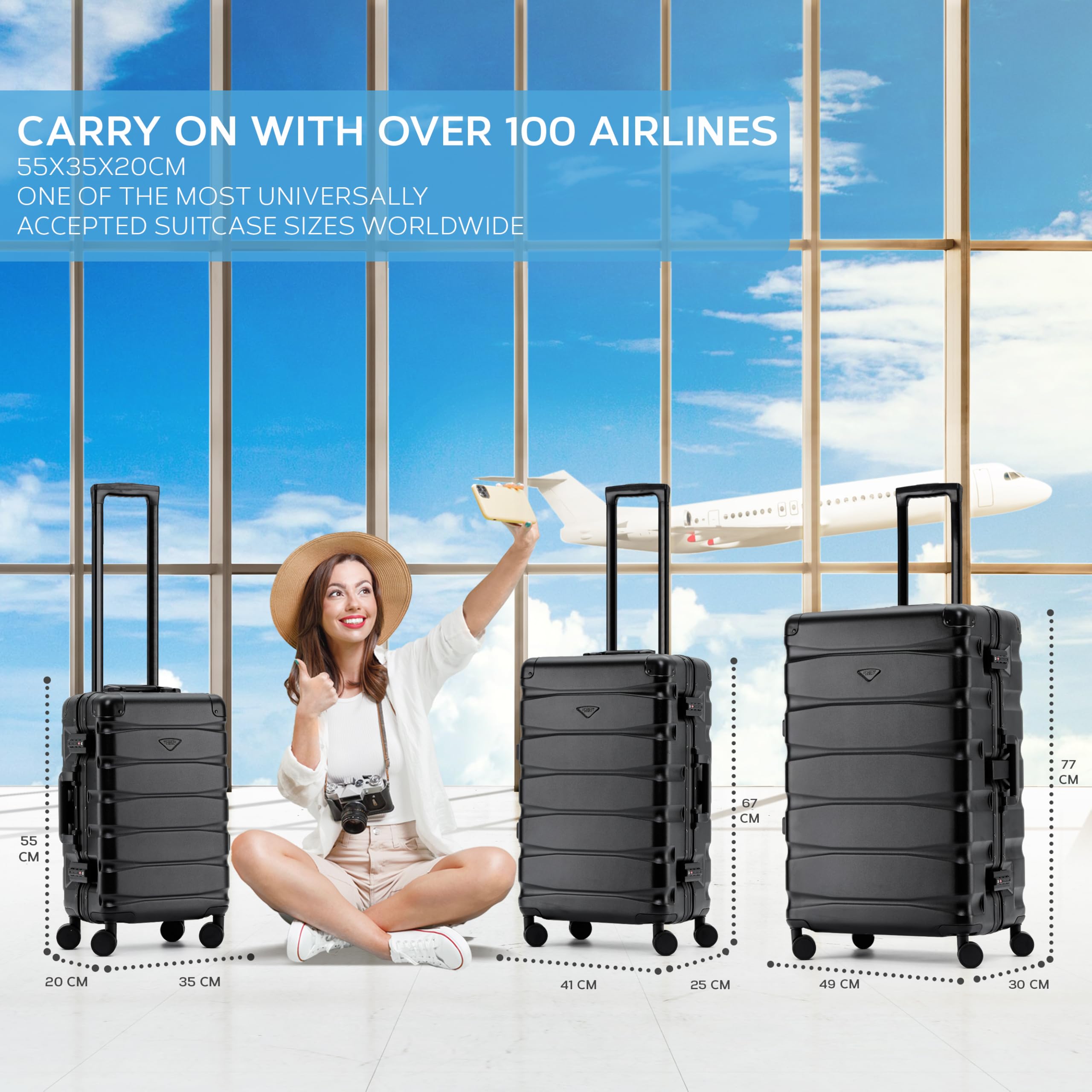 Flight Knight Premium Travel Suitcase - 8 Spinner Wheels - Built-in TSA Lock Lightweight Aluminium Frame, ABS Hard Shell Carry on Check in Luggage Highly Durable - Approved for Over 100 Airlines