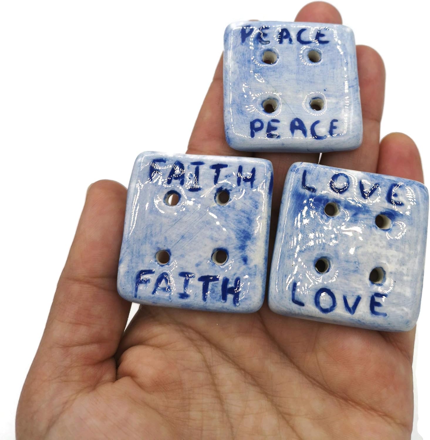 3Pc Extra Large Coat Buttons, Novelty Handmade Ceramic Sewing Supplies And Notions, Sewing Buttons For Blouse (40 mm, Square 4 Holes, Blue Motivational Words)