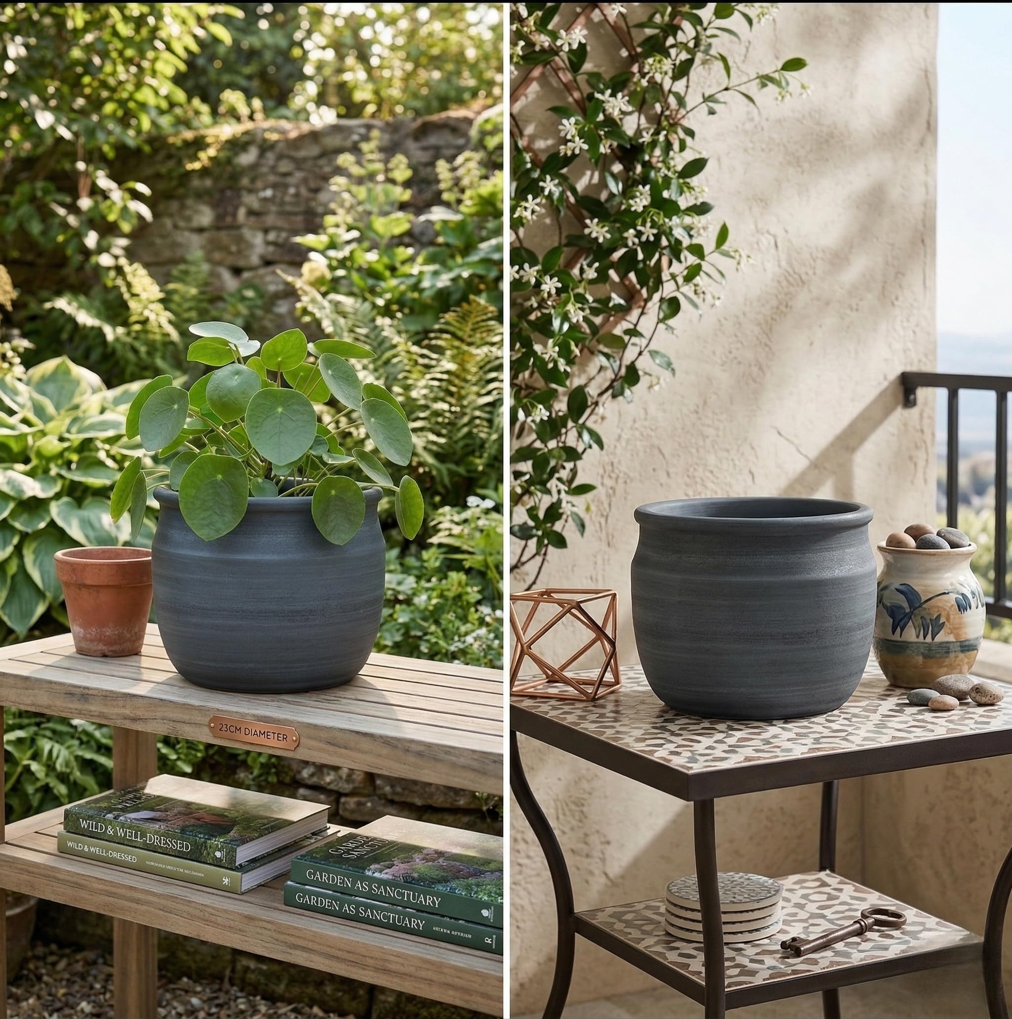 Olly & Rose Duża doniczka na rośliny ze szczotkowanego węgla drzewnego z terakoty szczotkowana – ceramiczna doniczka na rośliny 23 cm do użytku na zewnątrz i wewnątrz do domu i ogrodu