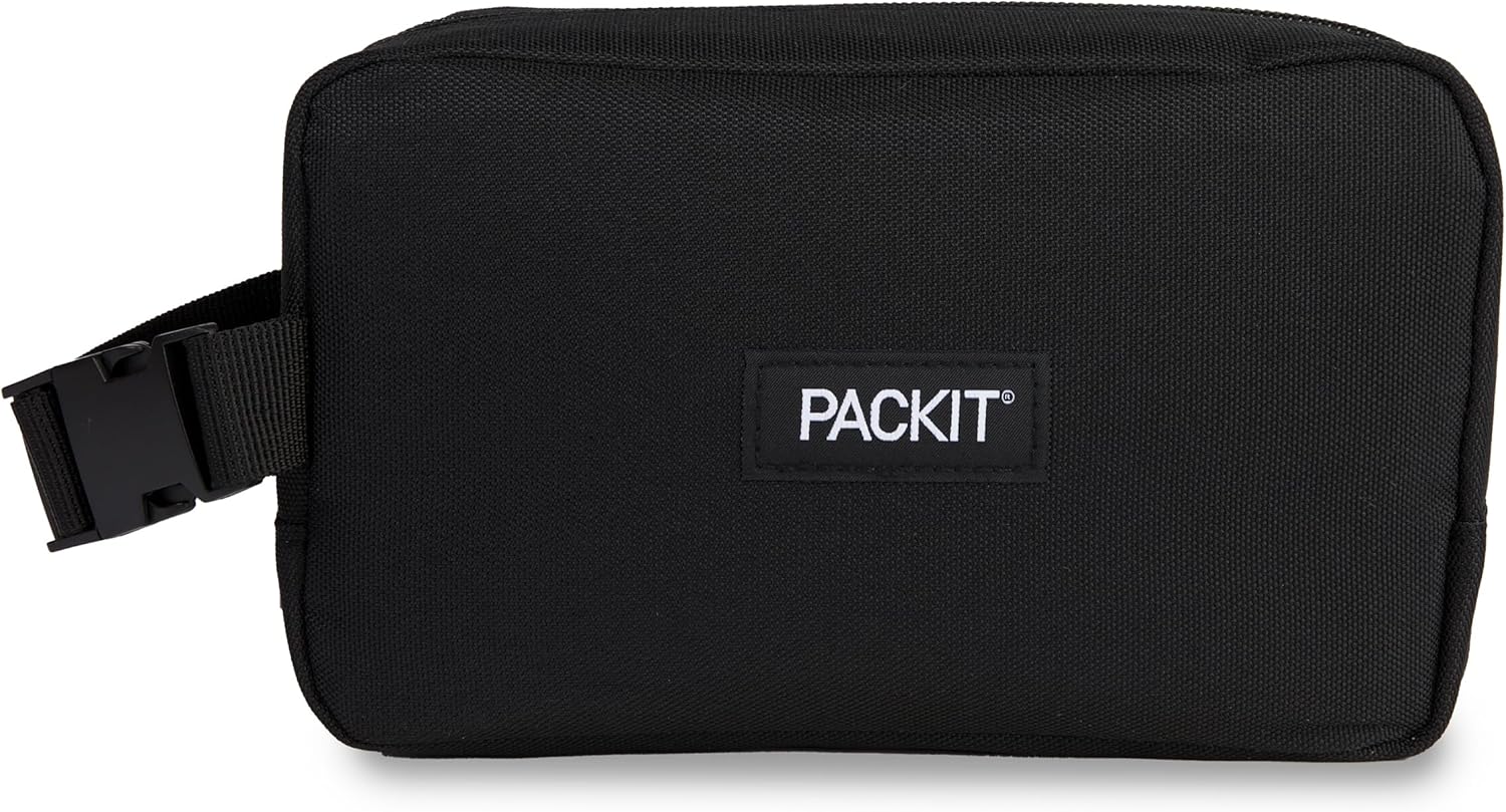 PackIt(R) Freezable Dual Compartment Snack Box, Black, Insulated and Freezable with EcoFreeze(R) Technology, Buckle Handle, Zip Closure, Reusable, Collapsible, Designed for Perishables and Dry Snacks