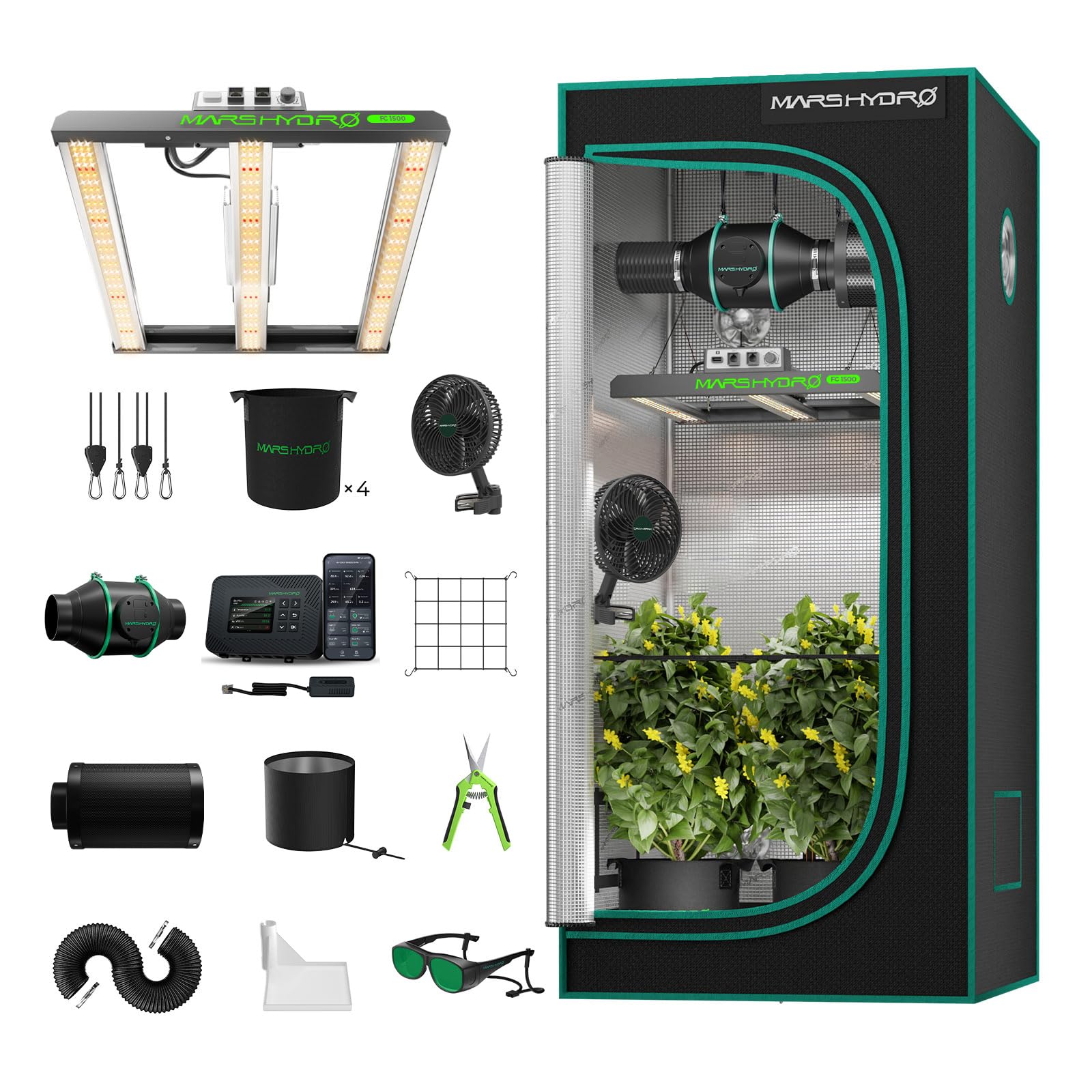 MARS HYDRO Smart Growzelt Komplettset mit Smart Controller43,FC1500 Samsung App Fernbedienung Dimmbar Lampe,80X80X160cm 1680D Hoch Reflektierende Grow Box Komplettset,4