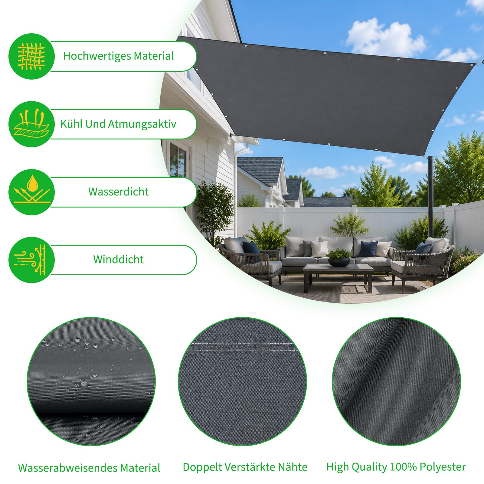 Sonnensegel 2x2m Polyester Wasserdicht mit UV-Schutz | Grau, 2 x 2 m, quadratisch, 185 g/m² Polyester, PU-beschichtet, 400 kPa, UV-Schutz, Balkon & Terrasse
