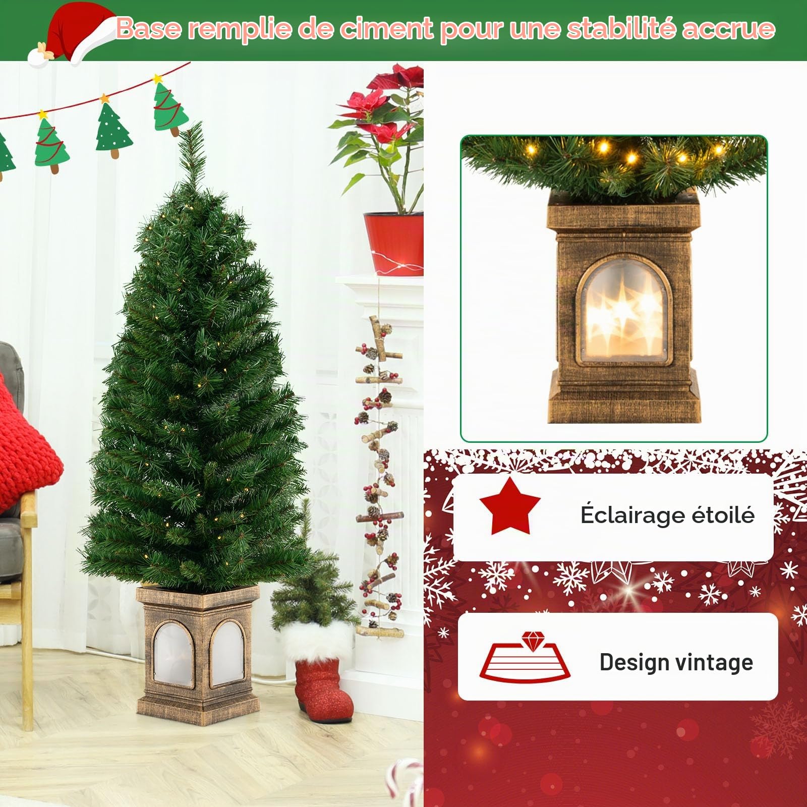 LIFEZEAL 1,2M Sapin de Noël Artificiel, Arbre Artificiel avec 100 LEDs, 3 Modes d'Éclairage, Sapin Illuminé avec 160 Branches en PVC, pour Magasin, Bureau, Chambre (Vert, 18,5 x 18,5 x 120CM)