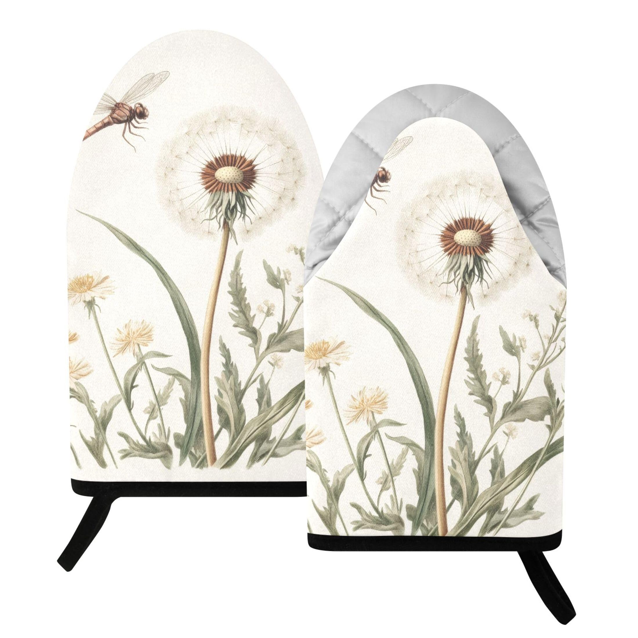 Kutsu Retro Dragonfly Dandelion Oven Mitts for Kitchen, Heat Resistant Cotton Oven Gloves for BBQ Baking Cooking, Breathable Kitchen Essentials, 2 pcs