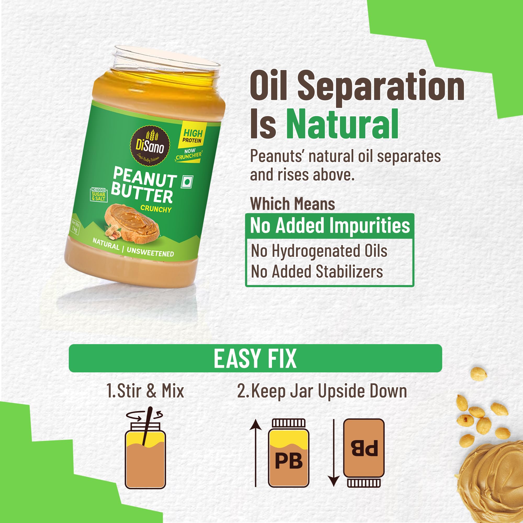 DiSano Natural Peanut Butter Crunchy 1kg, Unsweetened, High Protein Peanut Butter with No Added Sugar or Salt, Nut Butter Spread, 100% Roasted Peanuts 3