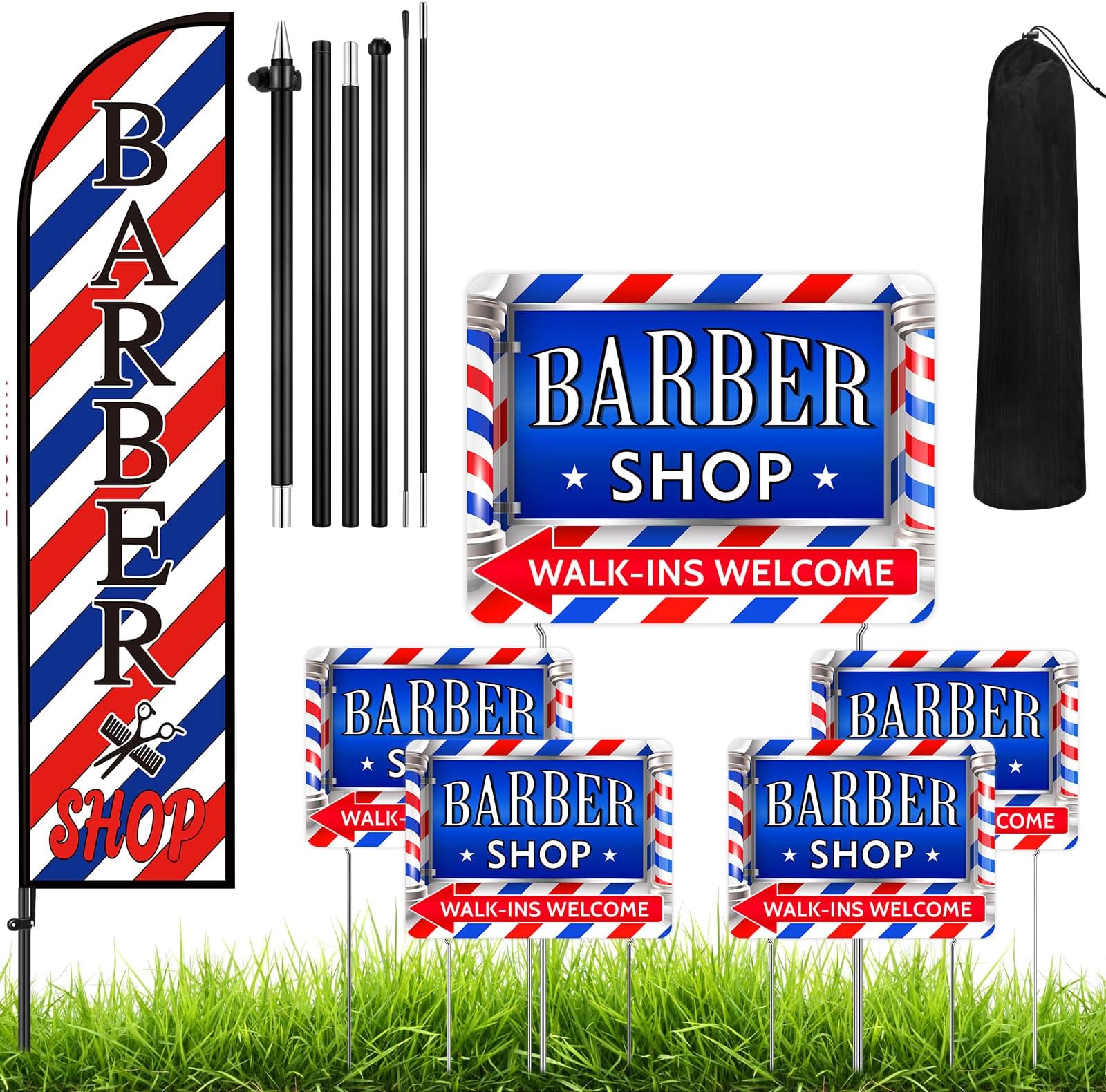 SmoothNovelty 5 Pcs Barber Shop Sign 1 Pcs 7 ft Barber Flag with Pole Kit Double Sided Print Yard Sign with Metal Stakes Feather Windless Barbershop Flags for Outdoor Business Advertising