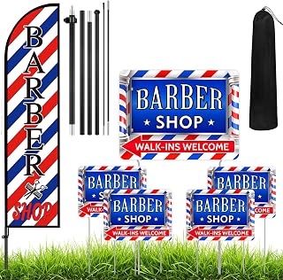 5 Pcs Barber Shop Sign 1 Pcs 7 ft Barber Flag with Pole Kit Double Sided Print Yard Sign with Metal Stakes Feather Windless Barbershop Flags for Outdoor Business Advertising