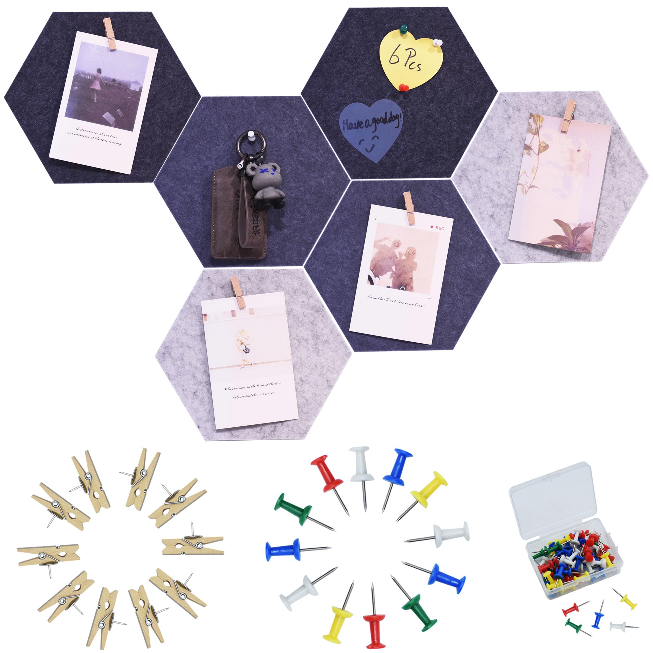 YOUDEFUL 6Pcs Gray Hexagon Bulletin Board Strips,Grey Felt Pin Board Bar Strips with 50 Pushpins, Self-Adhesive Felt Cork Board Strips for Wall to