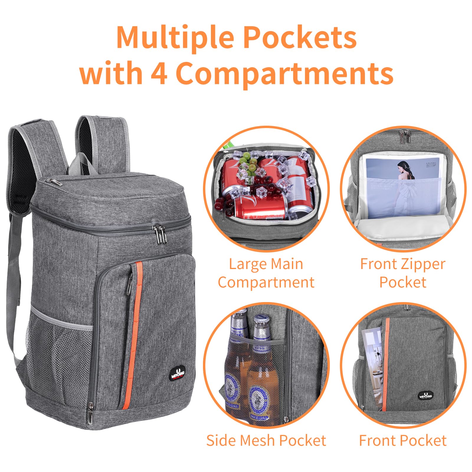 Sac à Dos Isotherme 28 L – Sac Isotherme Extra Large pour Pique-Nique, Sac à Dos étanche, ultraléger, pour Homme et Femme, pour Le Camping, Le Barbecue, la randonnée, Le Pique-Nique, Gris