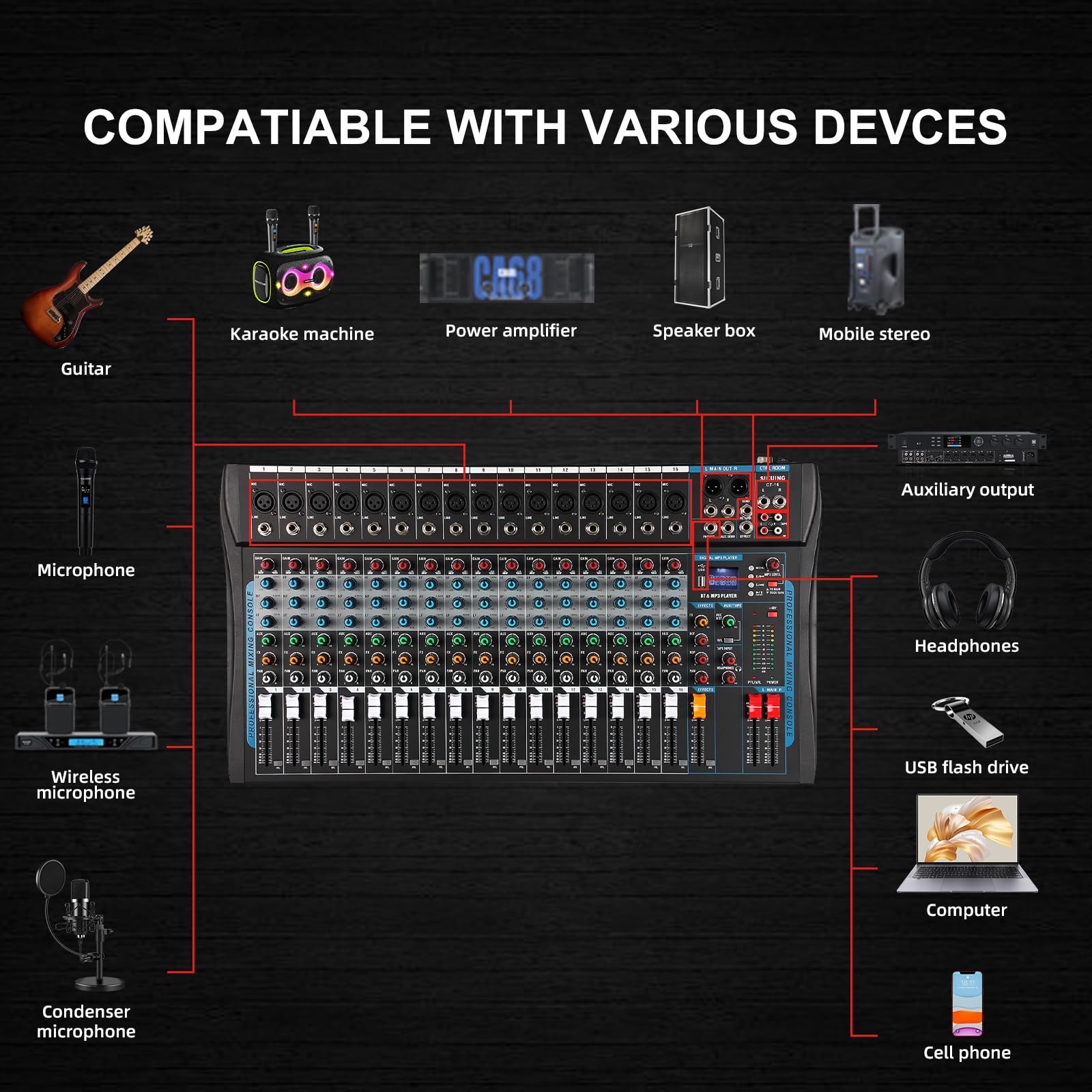 Mixer per scheda audio a 16 canali, mixer per DJ, effetto DSP a 16 bit, mixer audio USB + 48 V Phantom Power Bluetooth Mixer per karaoke Studio Streaming Registrazione, Live Streaming