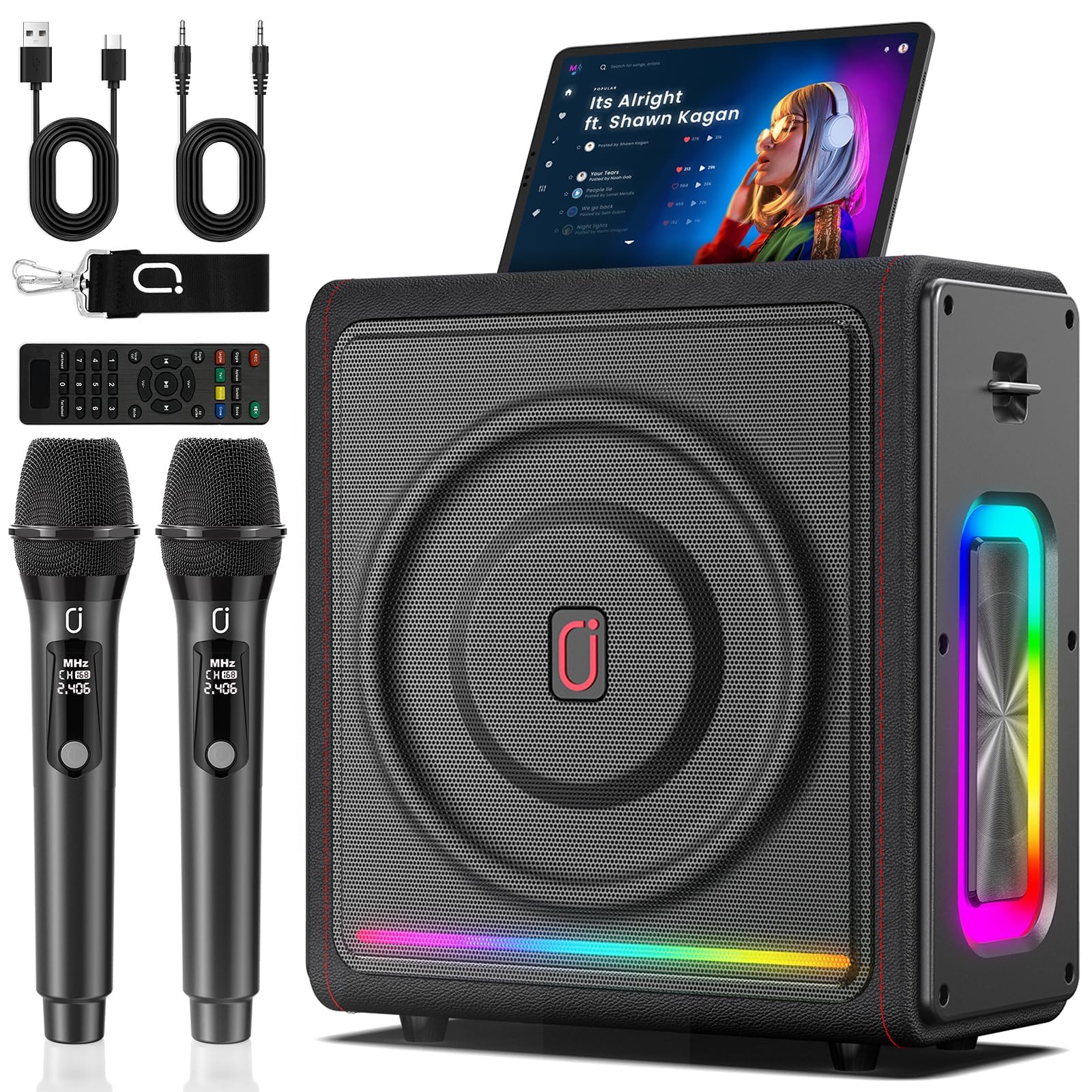 karaoke machine with 2 wireless mics  bluetooth 53 speaker with basstrebleecho adjustment amp auto pitch correction  pa system with rgb lights supports tvtf cardusbauxlive for home parties