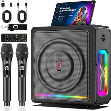 Karaoke Machine with 2 Wireless Mics | Bluetooth 5.3 Speaker with Bass/Treble/Echo Adjustment & Auto Pitch Correction | PA System with RGB Lights, Supports TV/TF Card/USB/AUX/Live for Home Parties