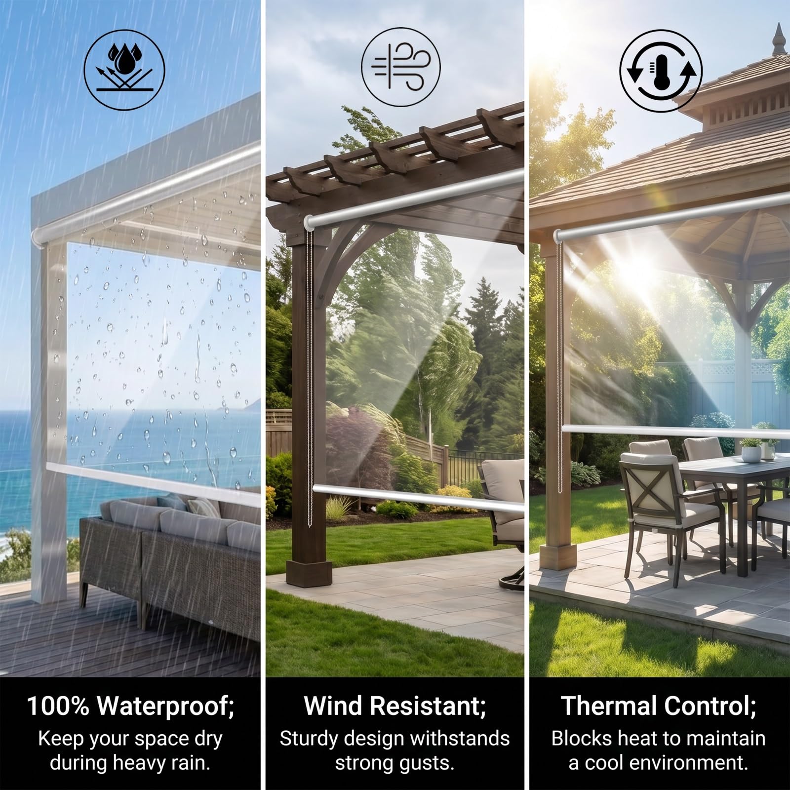Volets roulants thermiques résistants aux intempéries en vinyle PVC résistant au vent et à la pluie pour balcon, terrasse, tonnelle, bureau et hôtel – Installation facile (110 x 150 cm)