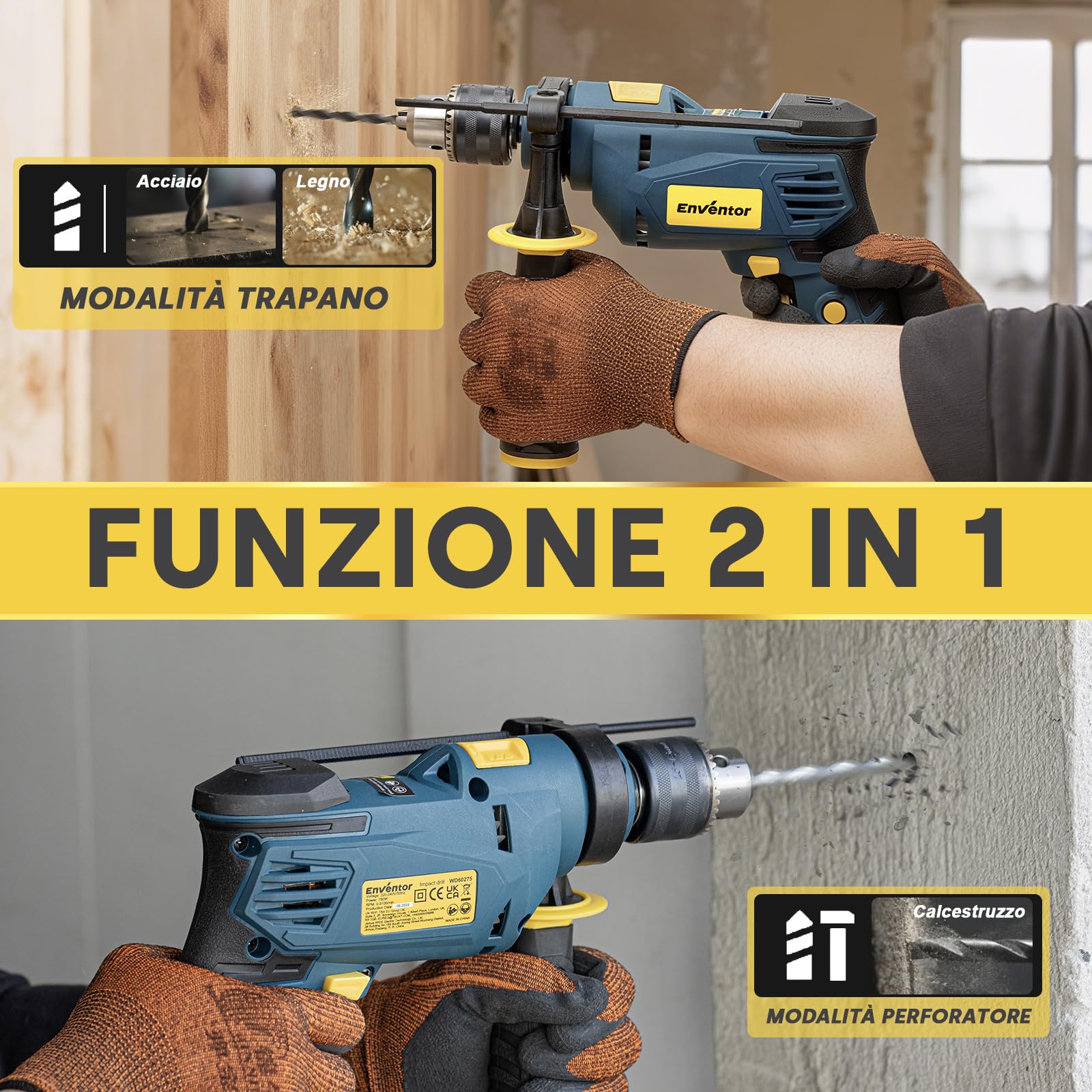 Enventor Trapano a Percussione 750W, Impugnatura Ausiliaria a 360° | Funzione 2 in 1, 0-3100RPM, Mandrino da 13MM, Trapano Elettrico a Filo per Calcestruzzo, Metallo e Legno