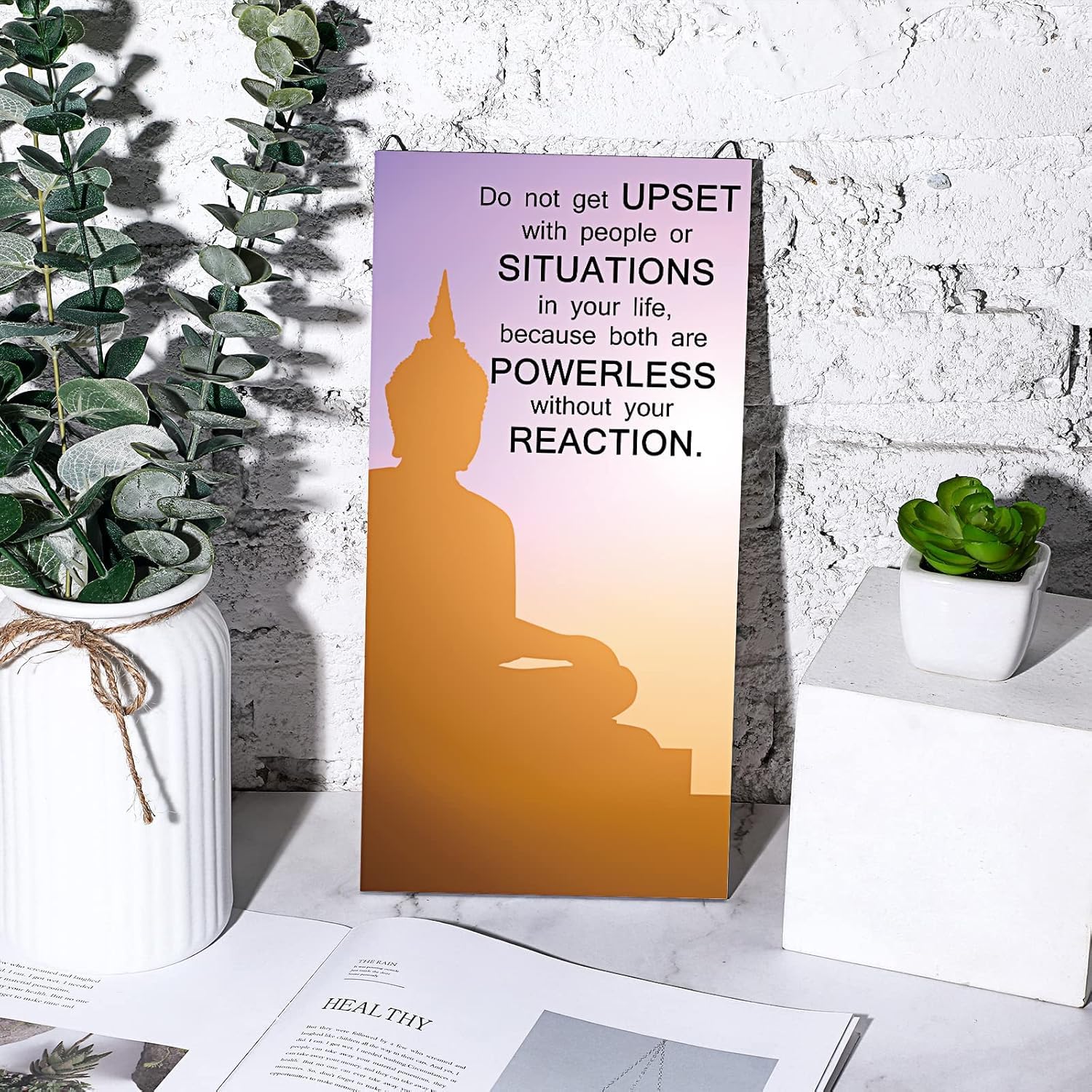 MANDALA SOUL Quotes Wall Decors 2 Pieces Inspirational Quote Wall Arts Zen Meditation Decors Wooden Hanging Room Decors Meditation Home Decors Buddha Wall Arts for Living Room Yoga Decors (At Peace) 4