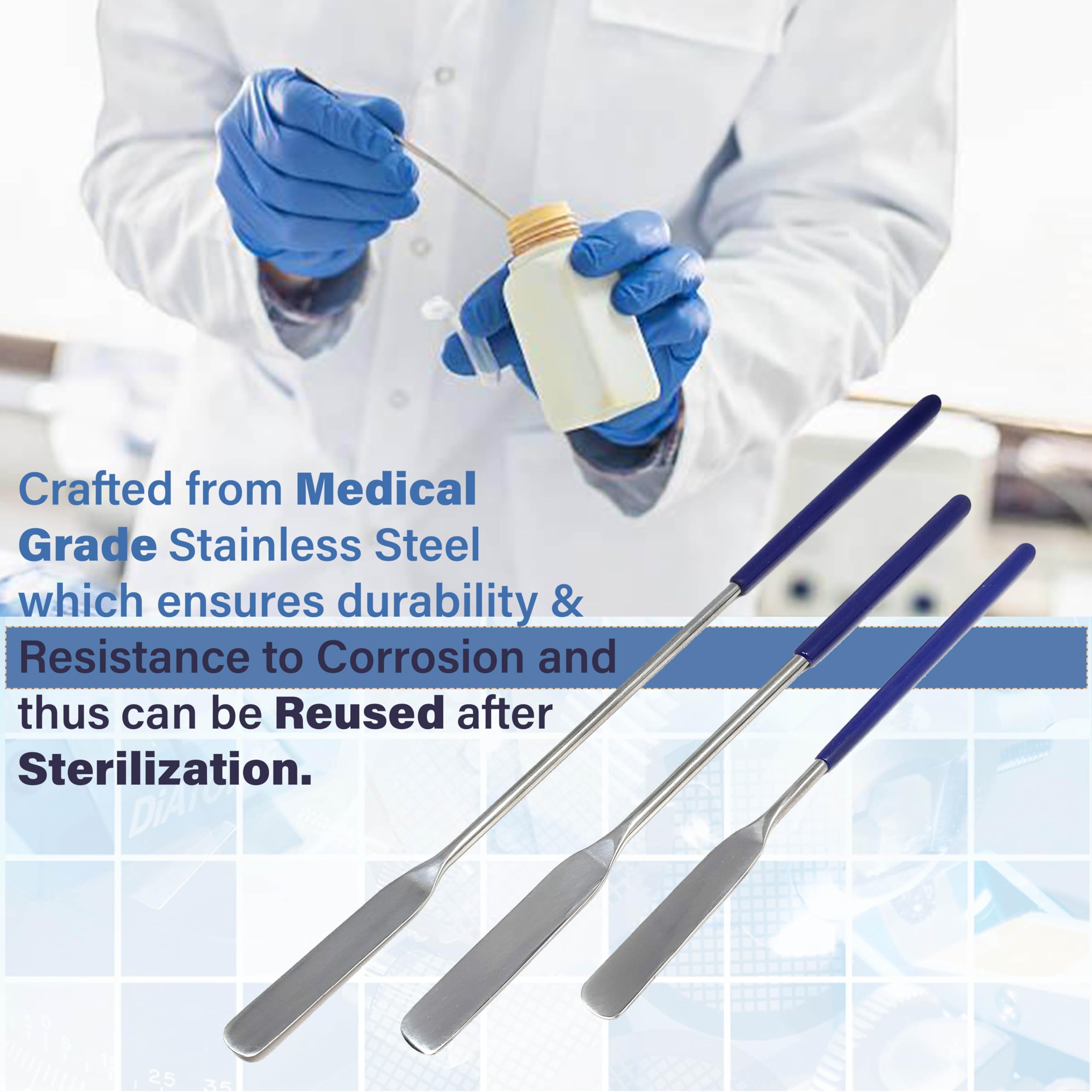 A2Z 3pc Lab Spatulas Stainless Steel Sampler Spatula with Comfort Grip Handle for Mixing Transfering Cream, Powder, Medicine, Cap Filler, Cosmetic Spatulas - Lab Use Supplies - 6
