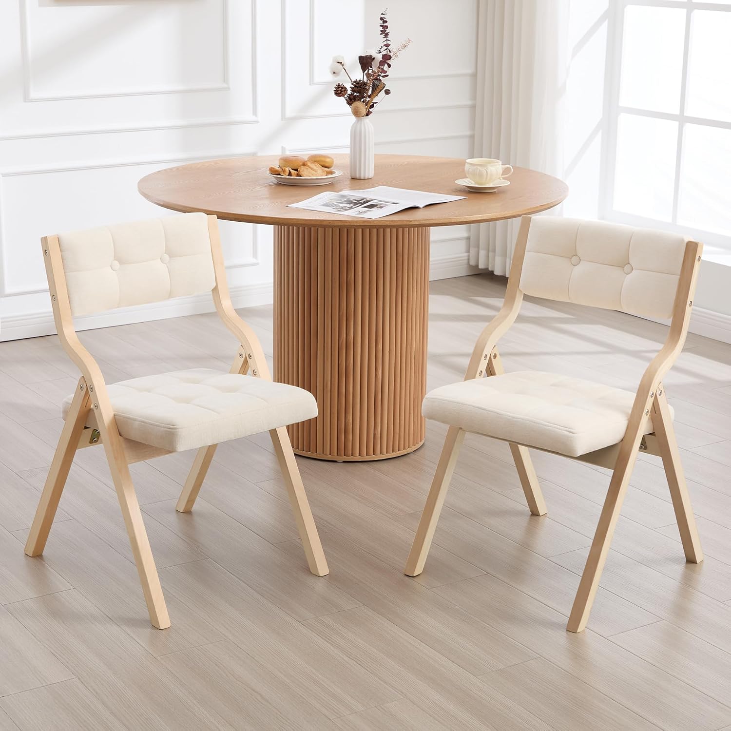 2-Pack Folding Dining Chairs with Cushion,Padded Foldable Dining Chairs,Portable Wooden Folding Chairs with Tufted Buttons Seat for Dining Rooms Kitchen Wedding and Party Indoor Beige