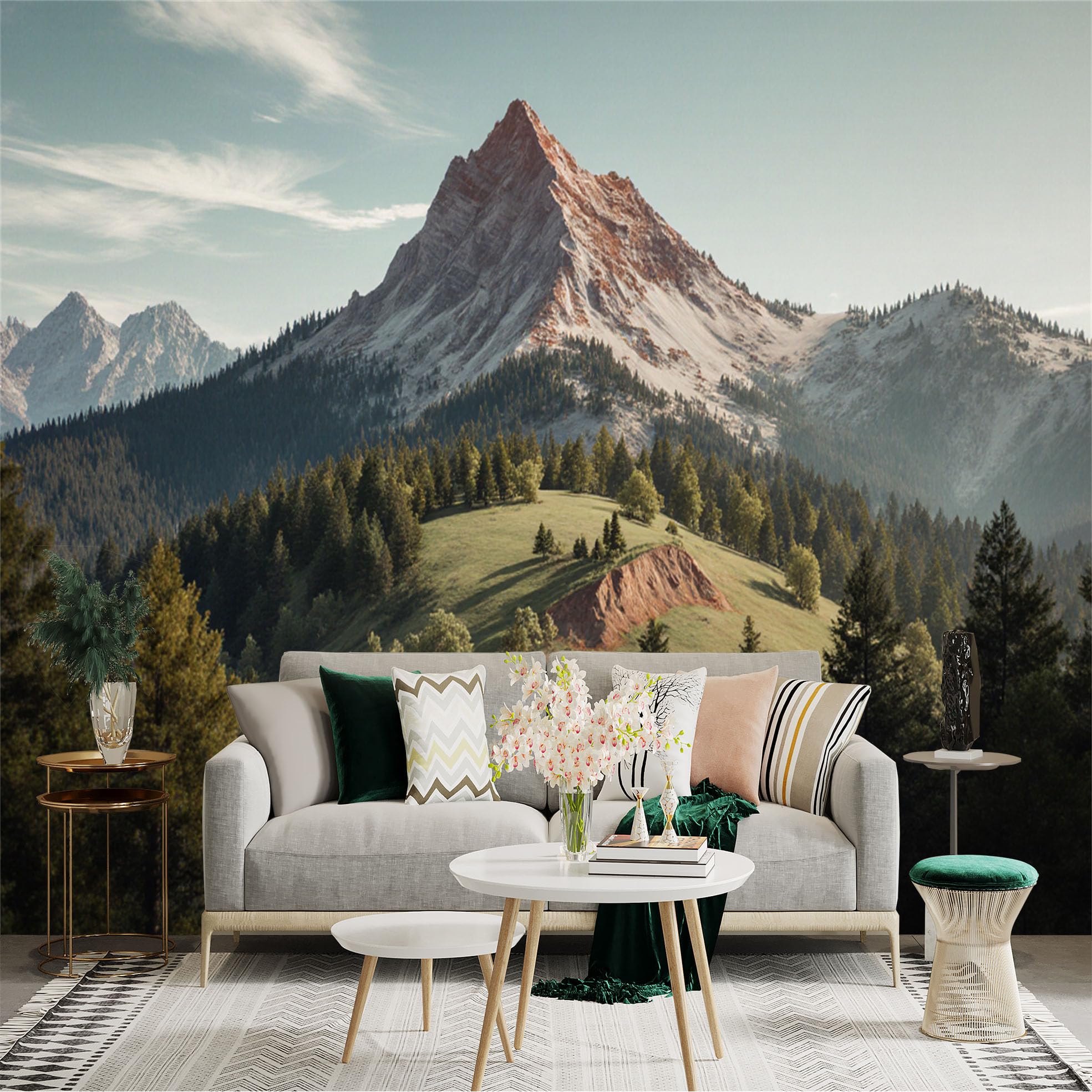 Lnzczhyre Xc260505111 Custom Size Wall Sticker Mural， Majestic Mountain Peak， Green Forest Hills， Serene Alpine Landscape， Natural Scenery， For Wall Decoration， Peelandstick Wall Decals.