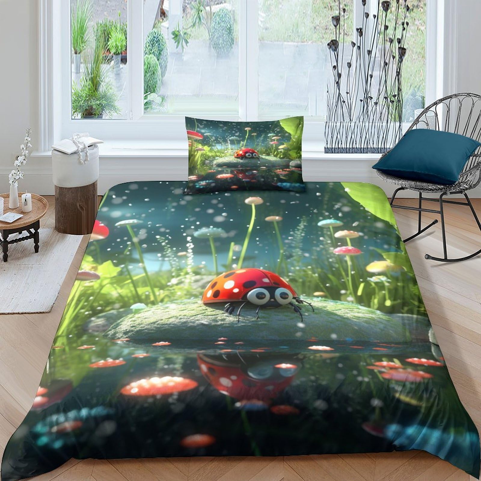 Housse de couette coccinelle 3D 135x200 cm avec taies d'oreiller pour lit simple