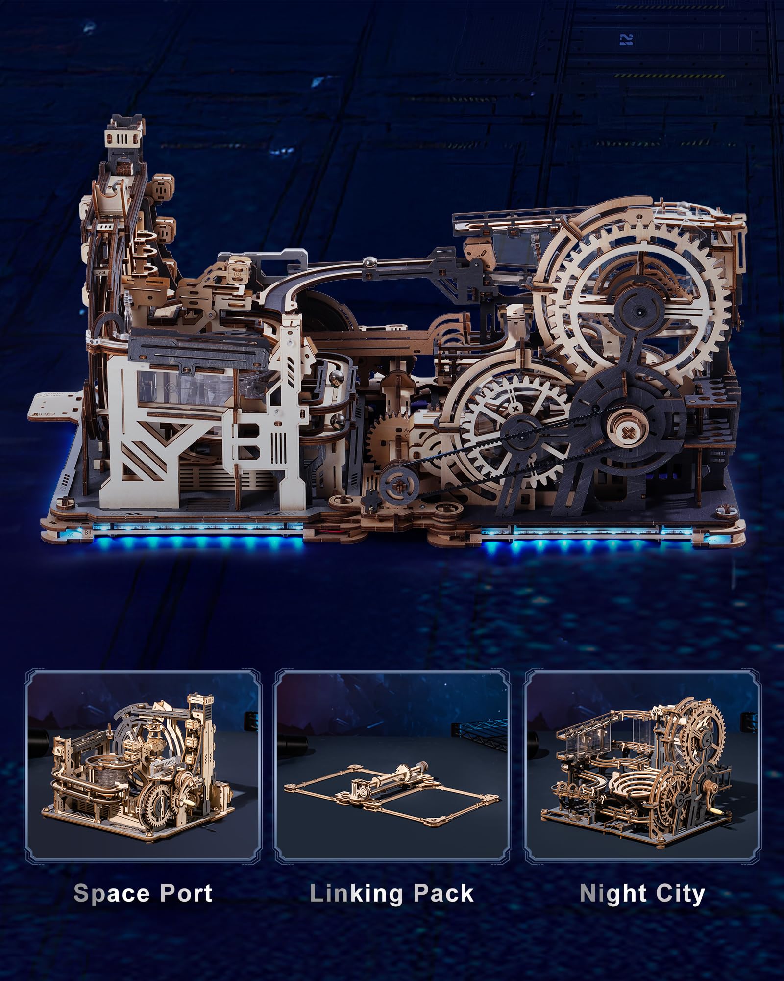 3D Puzzles for Adults - Marble Runs Building Set, Wooden Model Kits, Marble Spaceport+Marble Night City+Link Pack