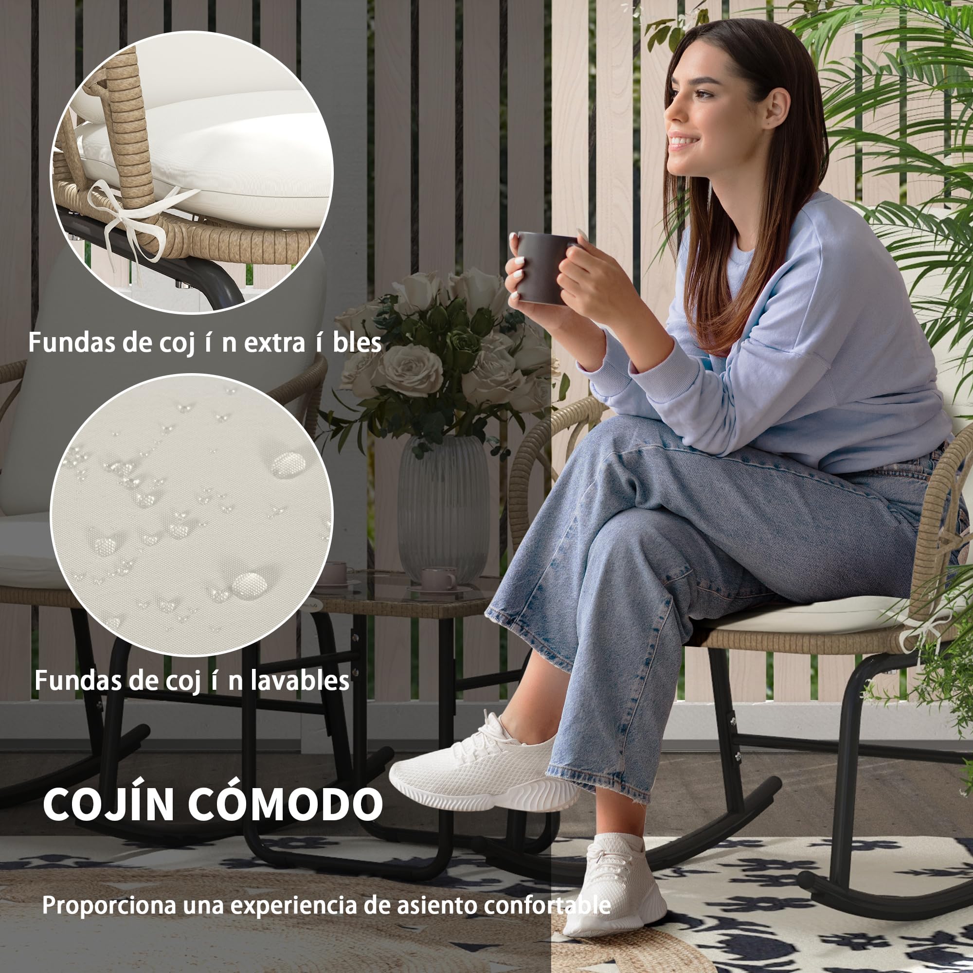 Outsunny Conjunto de Muebles de Ratán de 3 Piezas Conjunto de Mecedoras de Jardín con 1 Mesa de Centro 2 Mecedoras y Cojines para Jardín Terraza Patio Crema y Beige