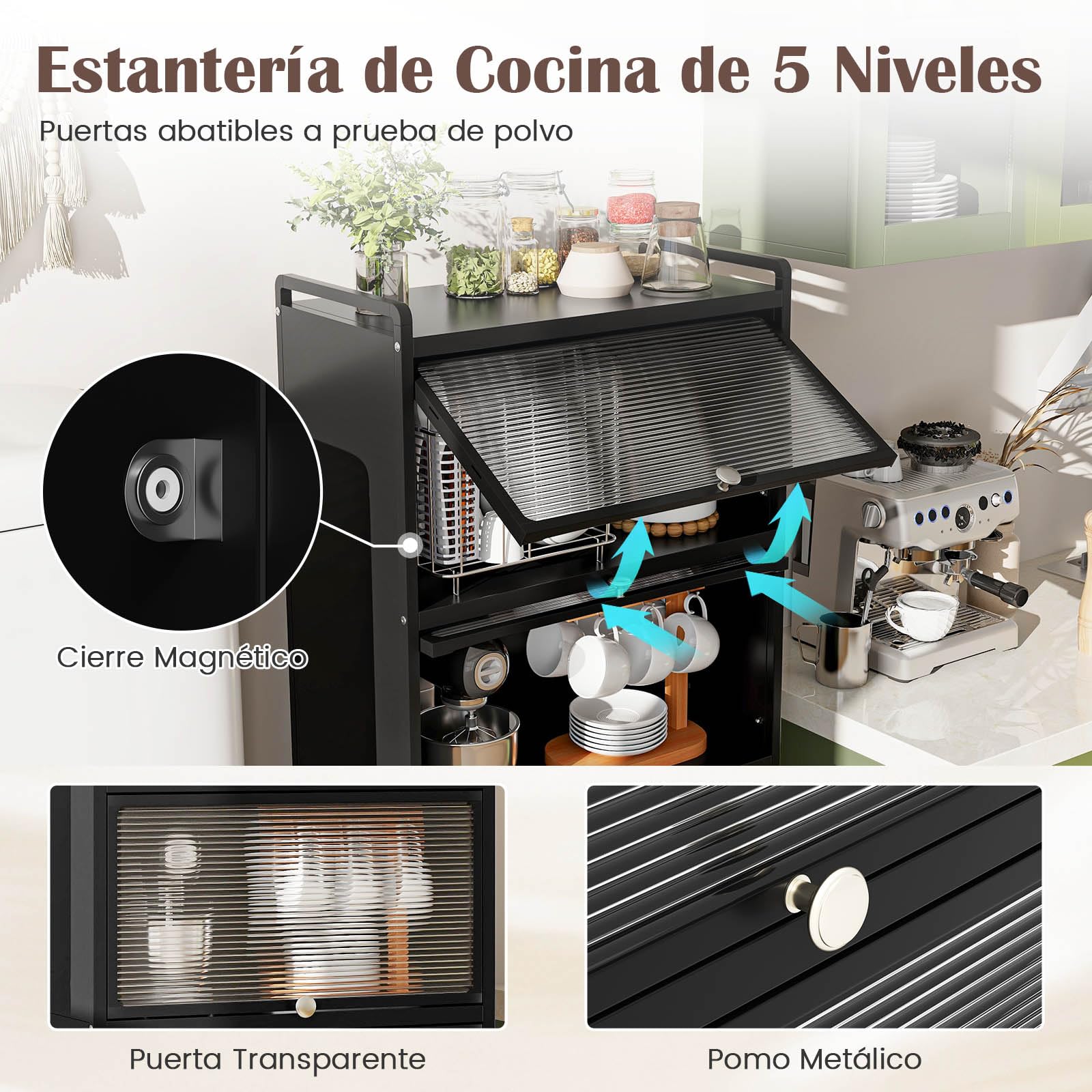 GIANTEX Armario de Cocina de Metal con 4 Compartimentos, 60 x 32 x 154 cm, 4 Puertas Abatibles de PC, Armario de Almacenamiento con 4 Ruedas con Kit Antivuelco, para Cocina, Comedor (Negro)