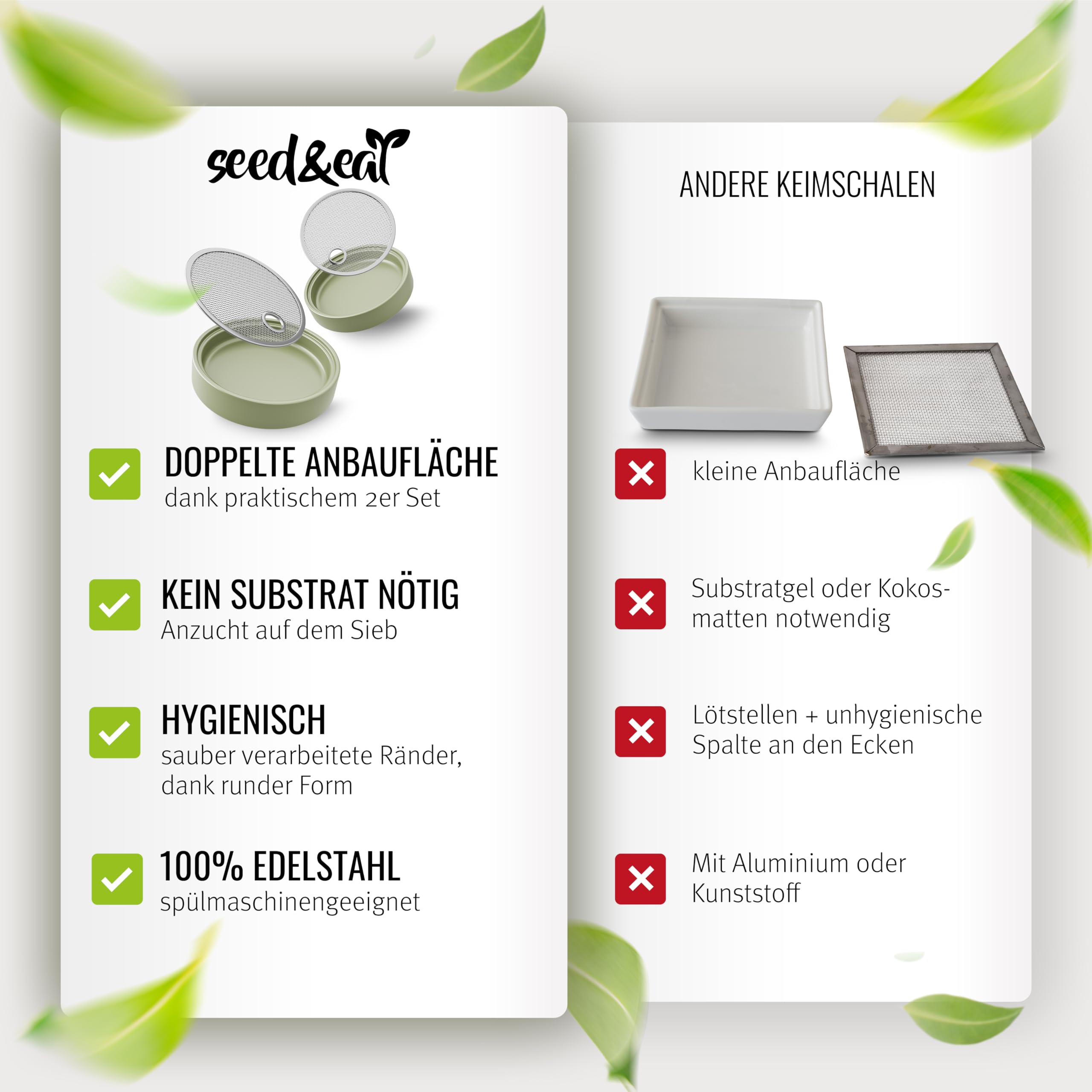 seed&eat Kressesieb (13cm) - 2er Set, Anzuchtschale für Kresse & Microgreens, mit Sprossenheft [E-Book], Keramikschale + Edelstahlsieb