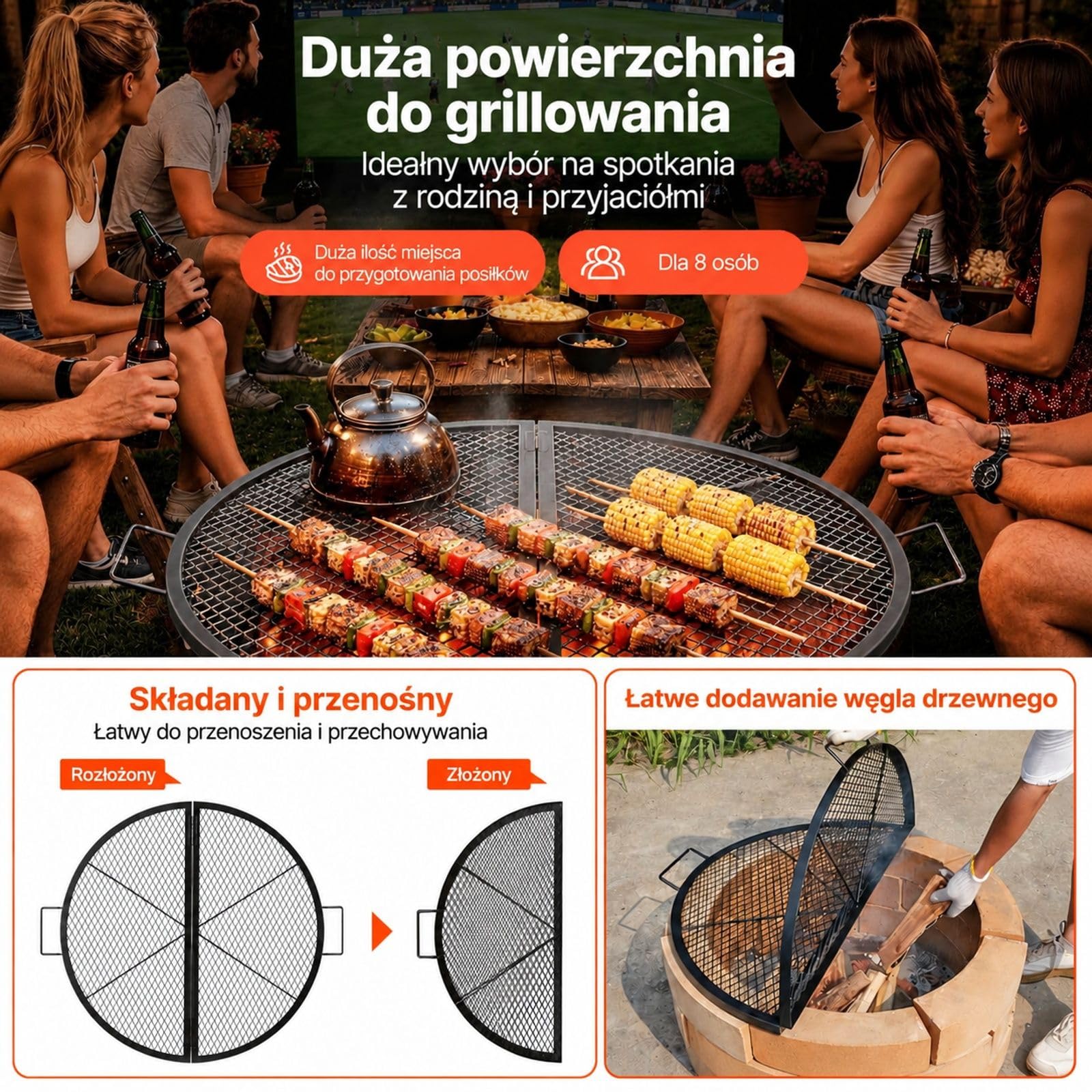 Okrągły stalowy ruszt do paleniska, składana kratka BBQ w kształcie X z uchwytem i podporą na kemping, taras oraz gotowanie na zewnątrz, czarny