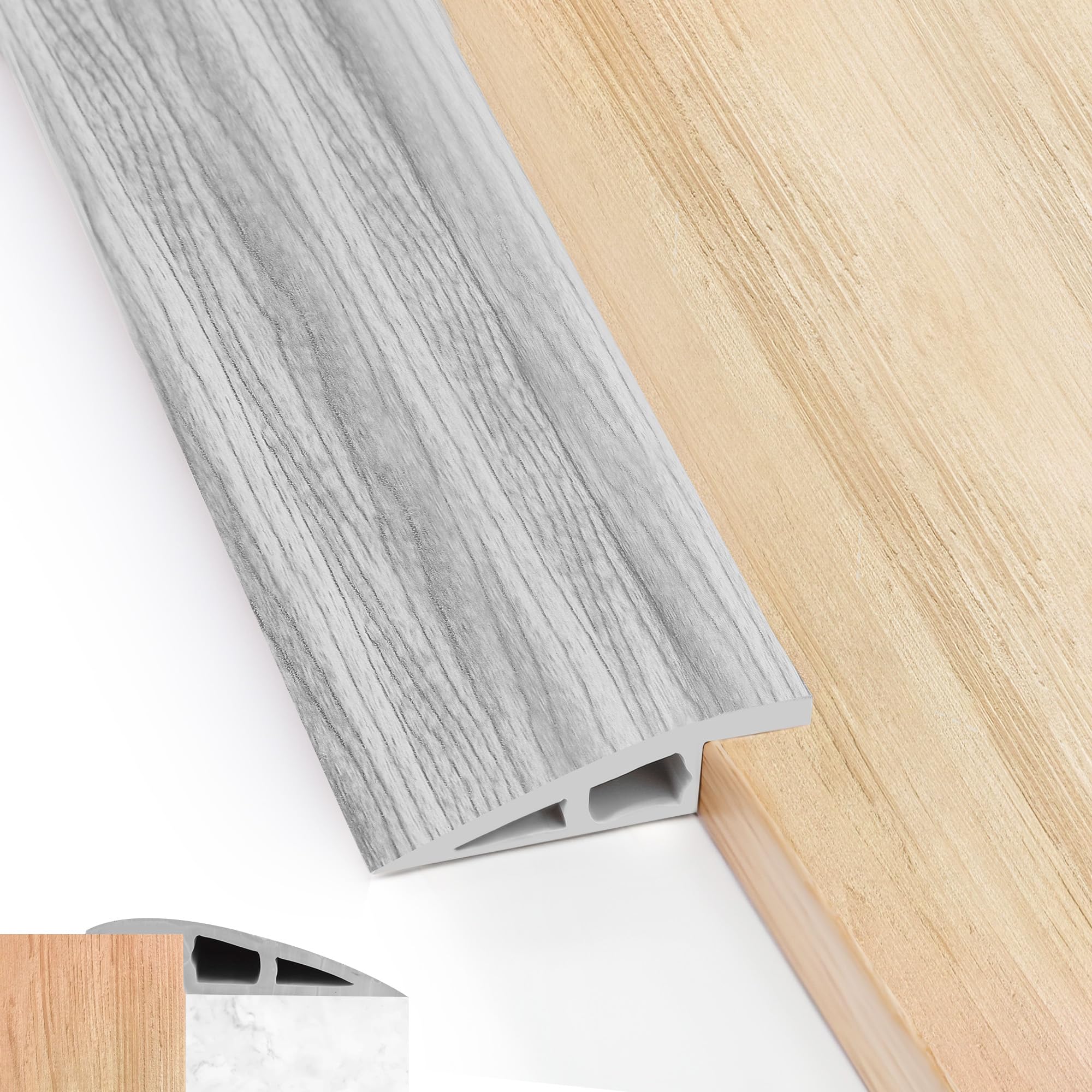2M Barre de Seuil Adhesive de Porte en PVC, Bandes de Transition Sol Rampe de Seuil Pente de Seuil, 10mm, pour des Hauteurs de 7-10mm(Grain de Bois Gris)