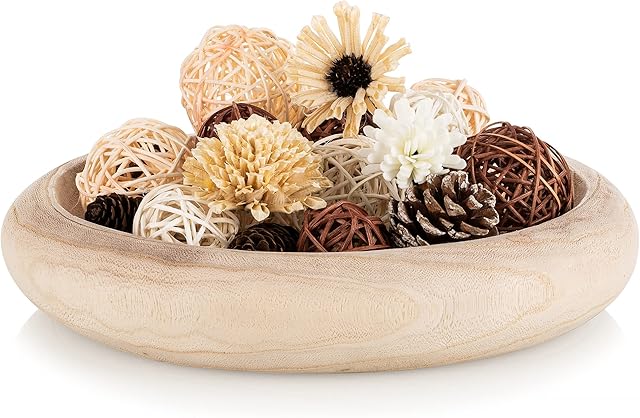 Hanobe Decorative Dough Wood Bowl: Round Paulownia Wooden Bowls for Decor Rustic Centerpiece Bowl for Coffee Table, Natural