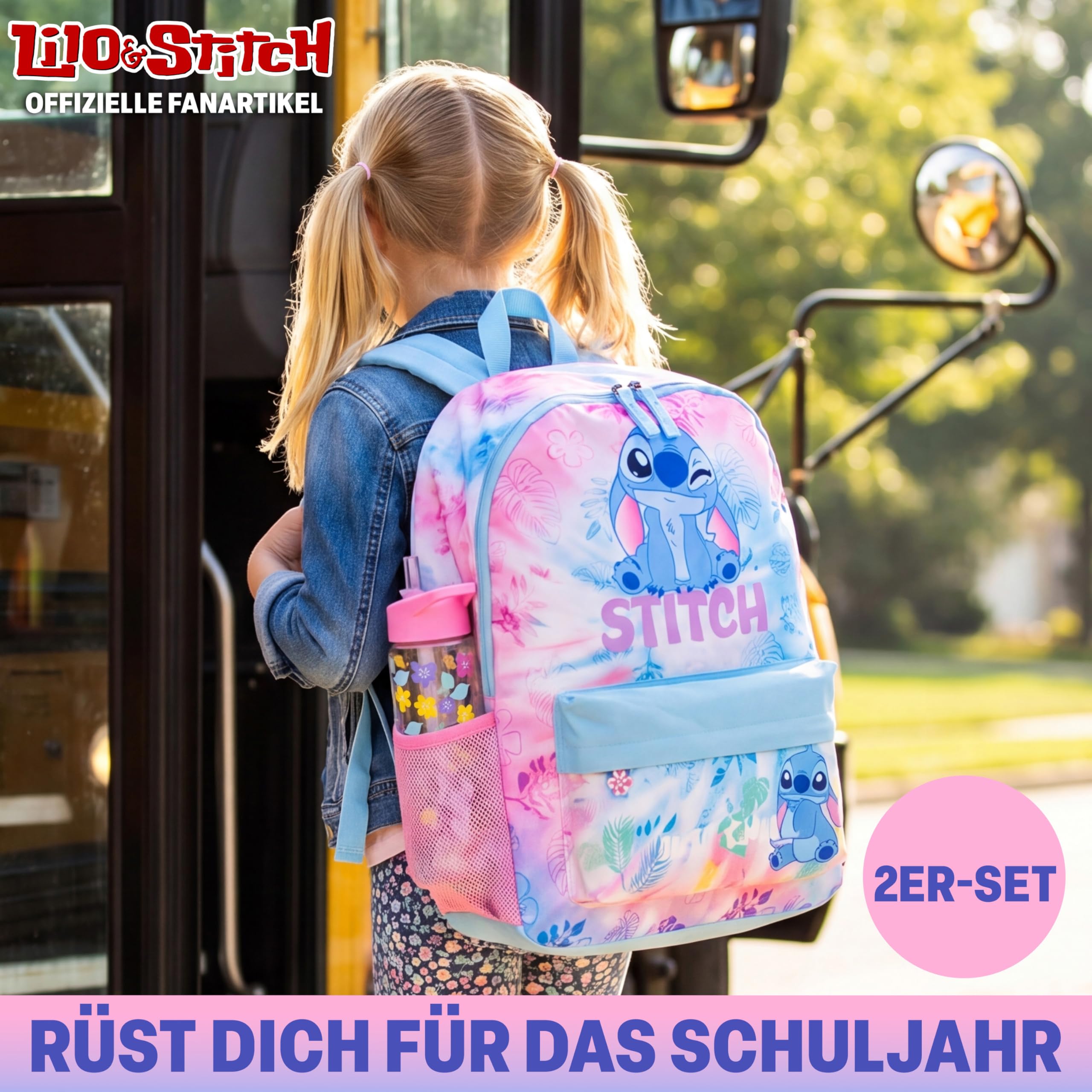 Get Trend Disney Stitch | Hello Kitty | Squishmallows Plecak dziewczęcy z butelką dla dzieci 500 ml, zamek błyskawiczny tornister dla dzieci i butelka bez BPA, Multi Stitch, Ensemble de 2 Pièces, 2