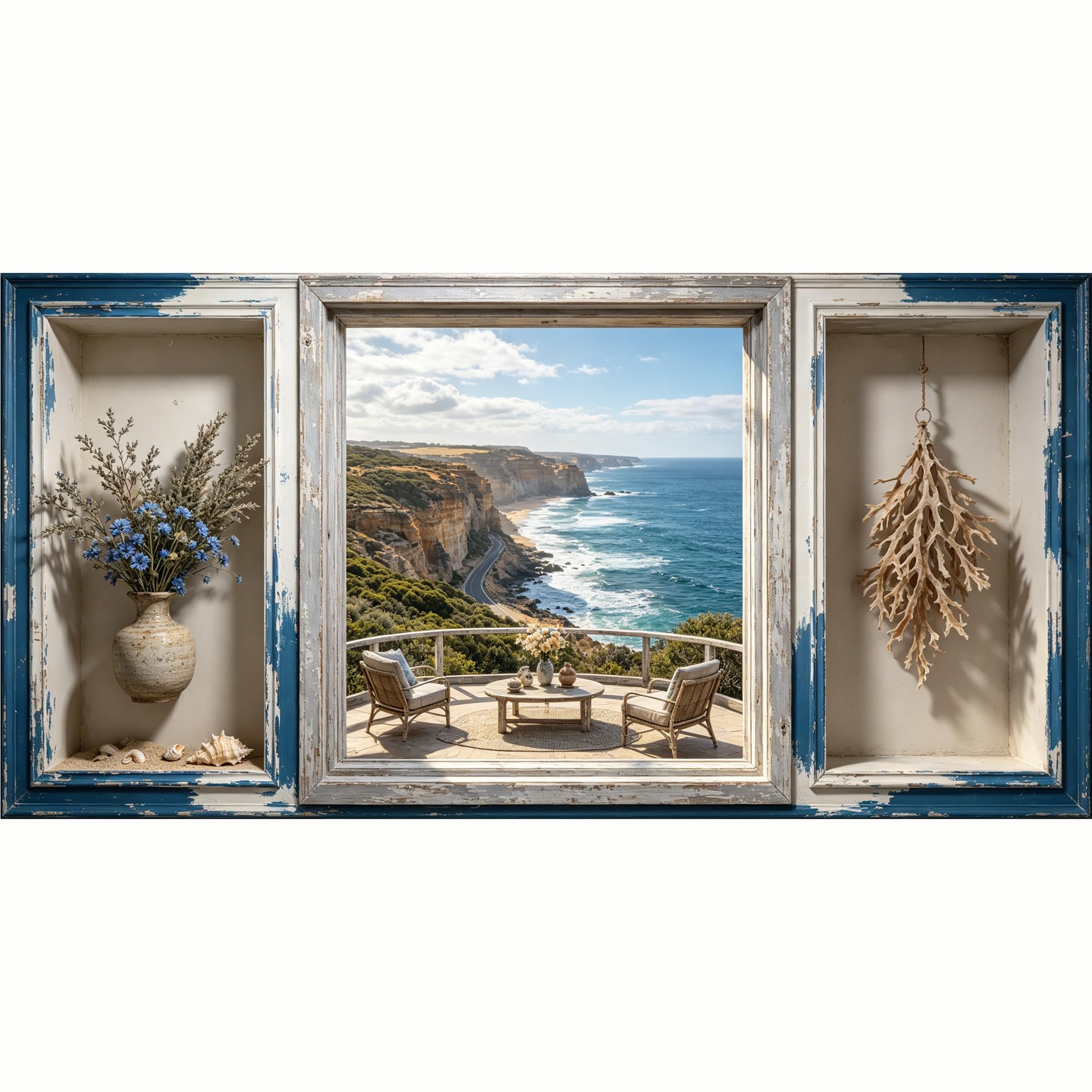 QZLITHOTIC 50x100cm 3D Framed Wall Art， Coastal Cliff Ocean View Window Self‑Adhesive Mural， Water‑Activated Peel & Stick Fabric Decor Wall Decal for Bedroom Living Room
