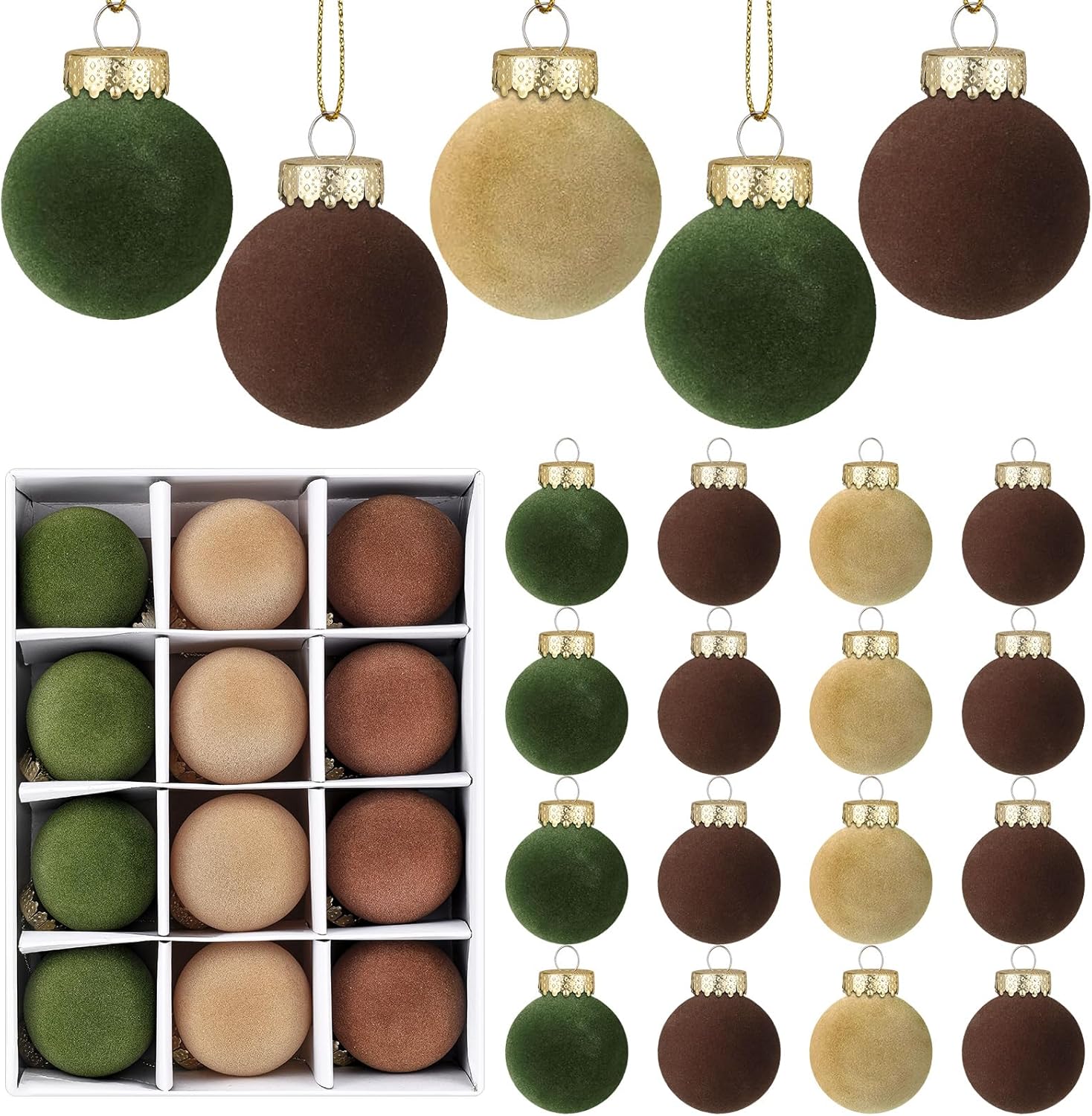 24 Pcs Velvet Christmas Balls Flocked Christmas Tree Hanging Ornaments Shatterproof Hanging Balls Decorations for Xmas Tree Family Holiday Party Home Decor (Brown, Green, Beige, 3.15 inch) 3.15 inch Brown, Green, Beige