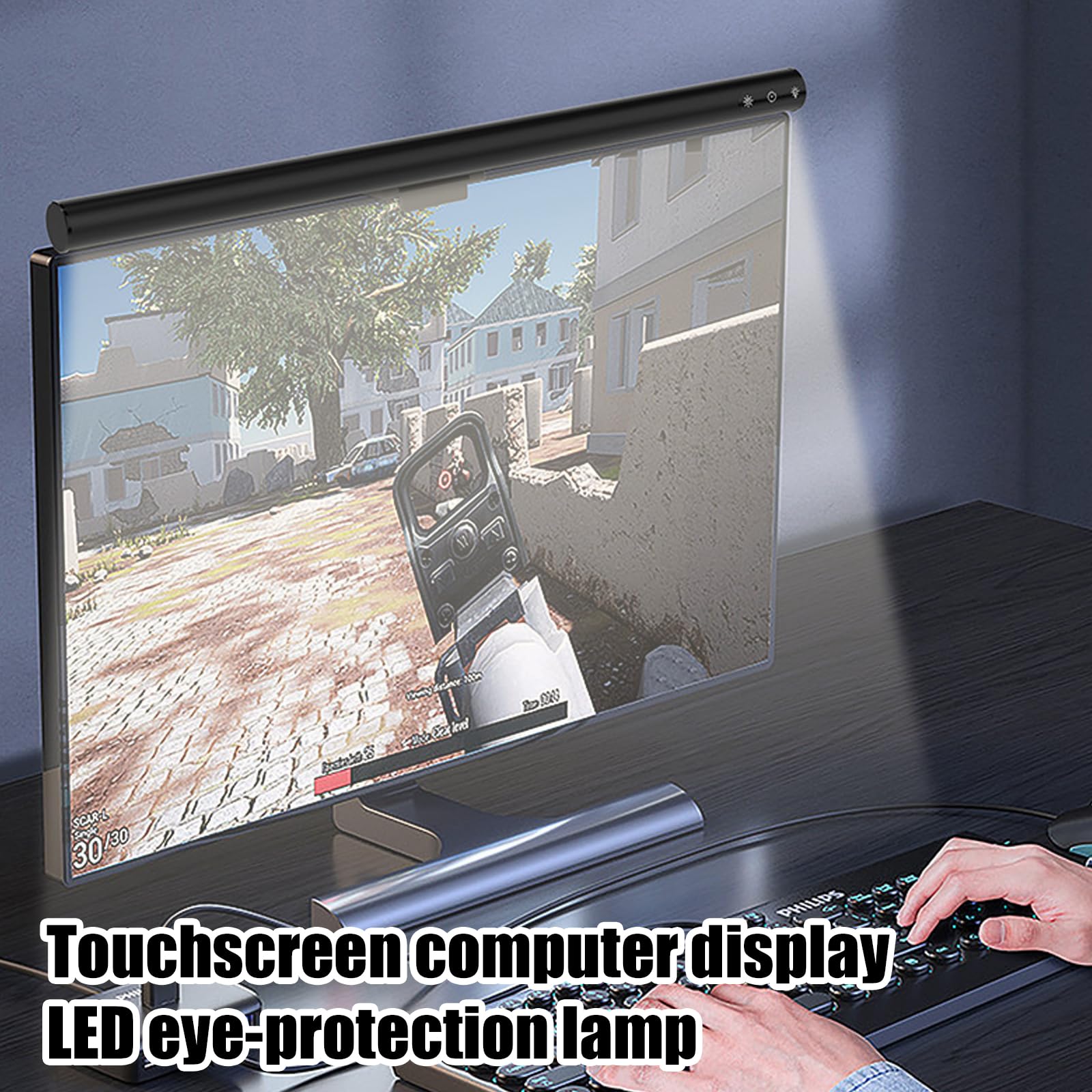 Lampe pour moniteur, barre lumineuse pour ordinateur avec commande tactile, lampe de bureau pour protection des yeux réglable avec 5 niveaux de luminosité et de température de couleur, anti-lumière