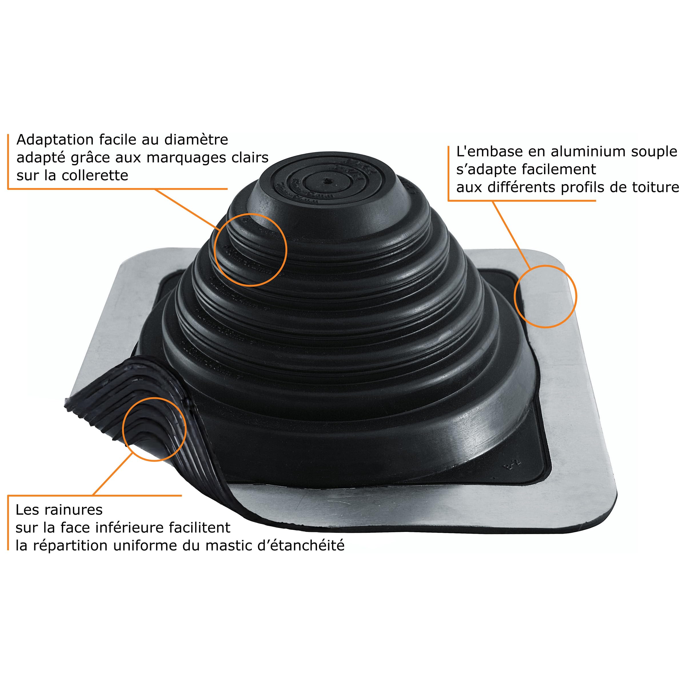 Parotec Solin de Toit - Passage du Toit - Flexible - Fabriqué en Silicone - Résistant aux Hautes Témperatures - Universel -Tuile Métallique - Diamètre de 6 à 70 mm
