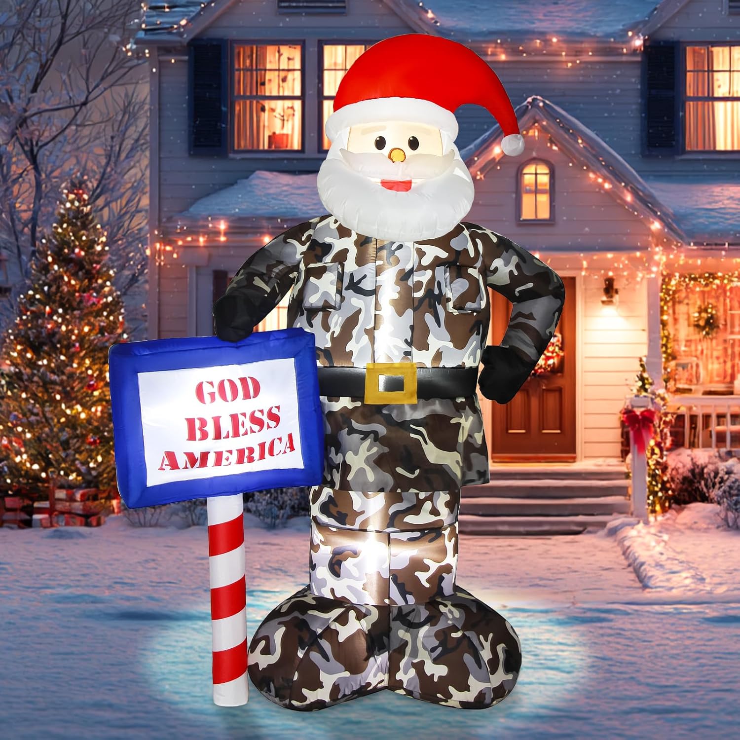 Christmas Inflatable Outdoor Decoration, 7FT Inflatables Camouflage Santa Claus Yard Decor with Hat & Sign, LED Light Blow up Giant Holiday Decoration for Indoor Outside Lawn Garden Soldier Army Gift