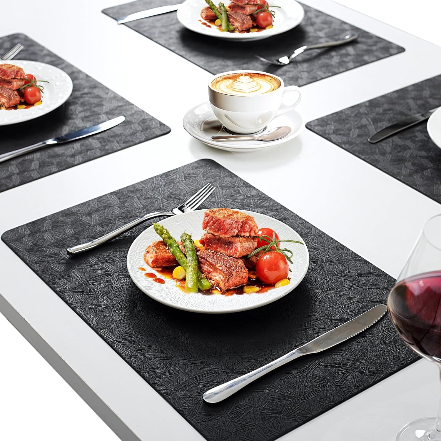 Vinyl Placemats Set of 8 Faux Leather 100% Waterproof Wipeable Washable Place Mats Heat Resistant Easy Clean Non-Slip Table Mats for Indoor Outdoor. (8,Black)