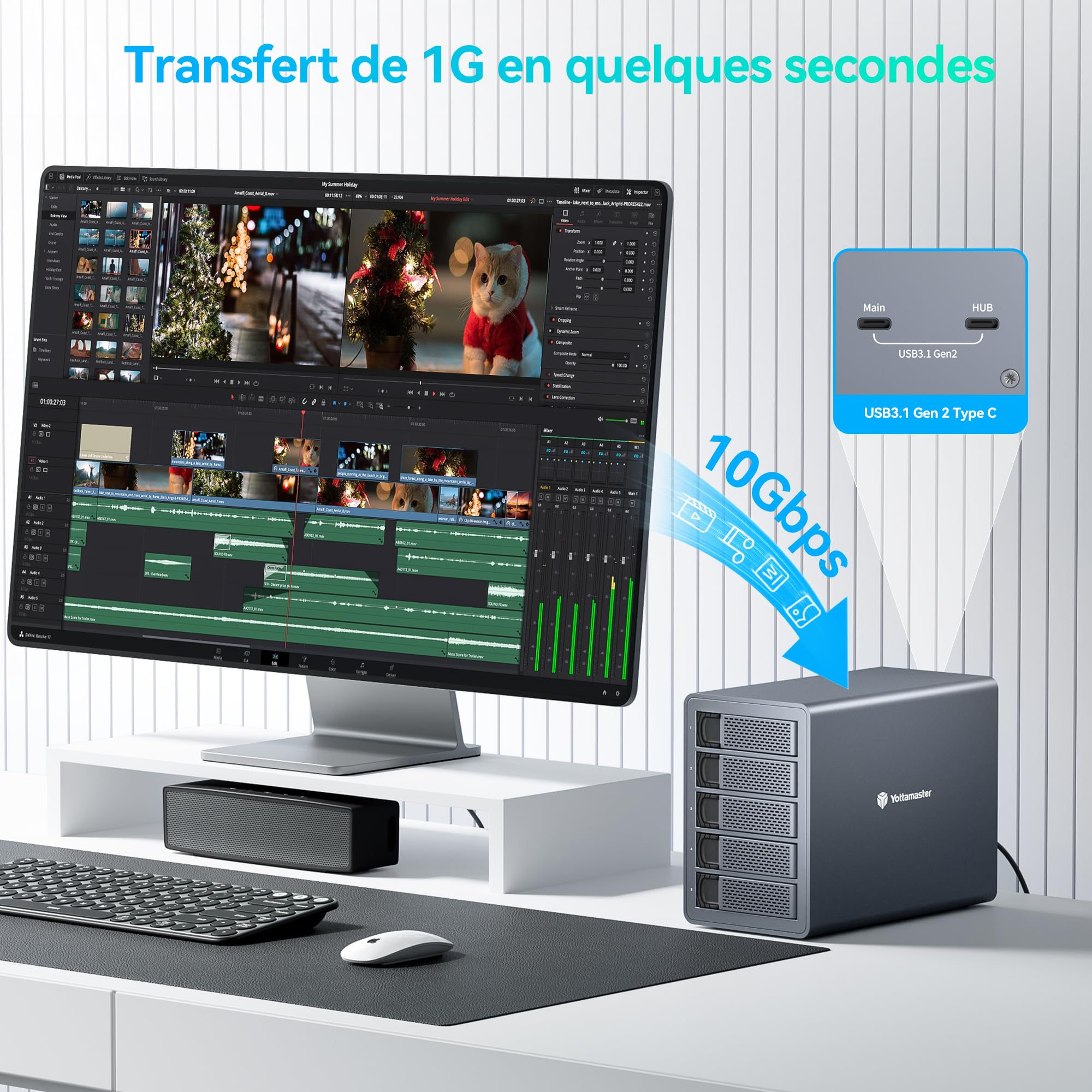 Yottamaster 10Gbps 5 Baies Boîtier Disque Dur, Daisy Chains Externe Type-C pour 2.5"/3.5" HDD/SSD Jusqu’à 5 × 24 to Expansion vers 2 Périphériques USB pour Une Capacité allant jusqu'à 360To