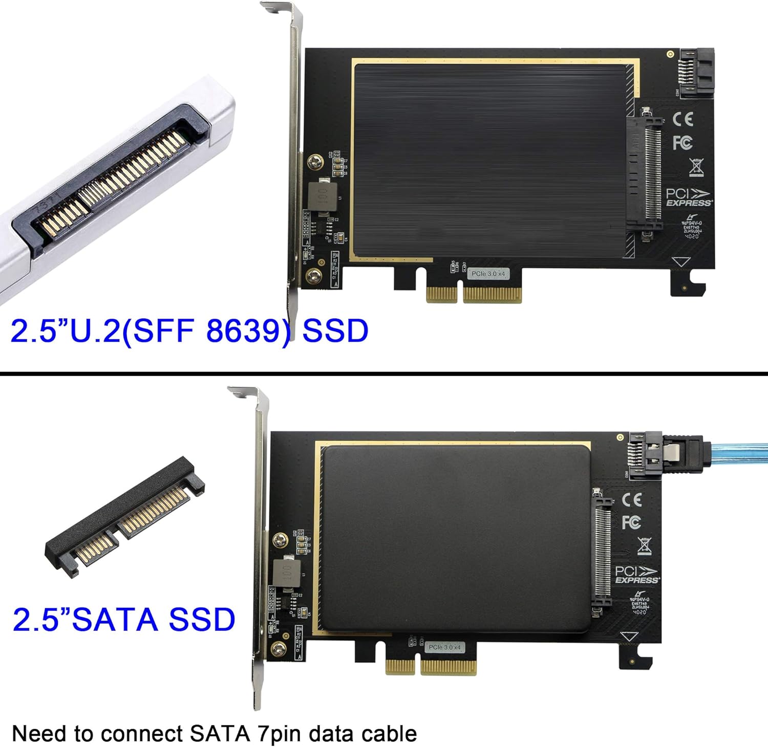 Installation of U.2 NVME and SATA SSDs onto the expansion card
