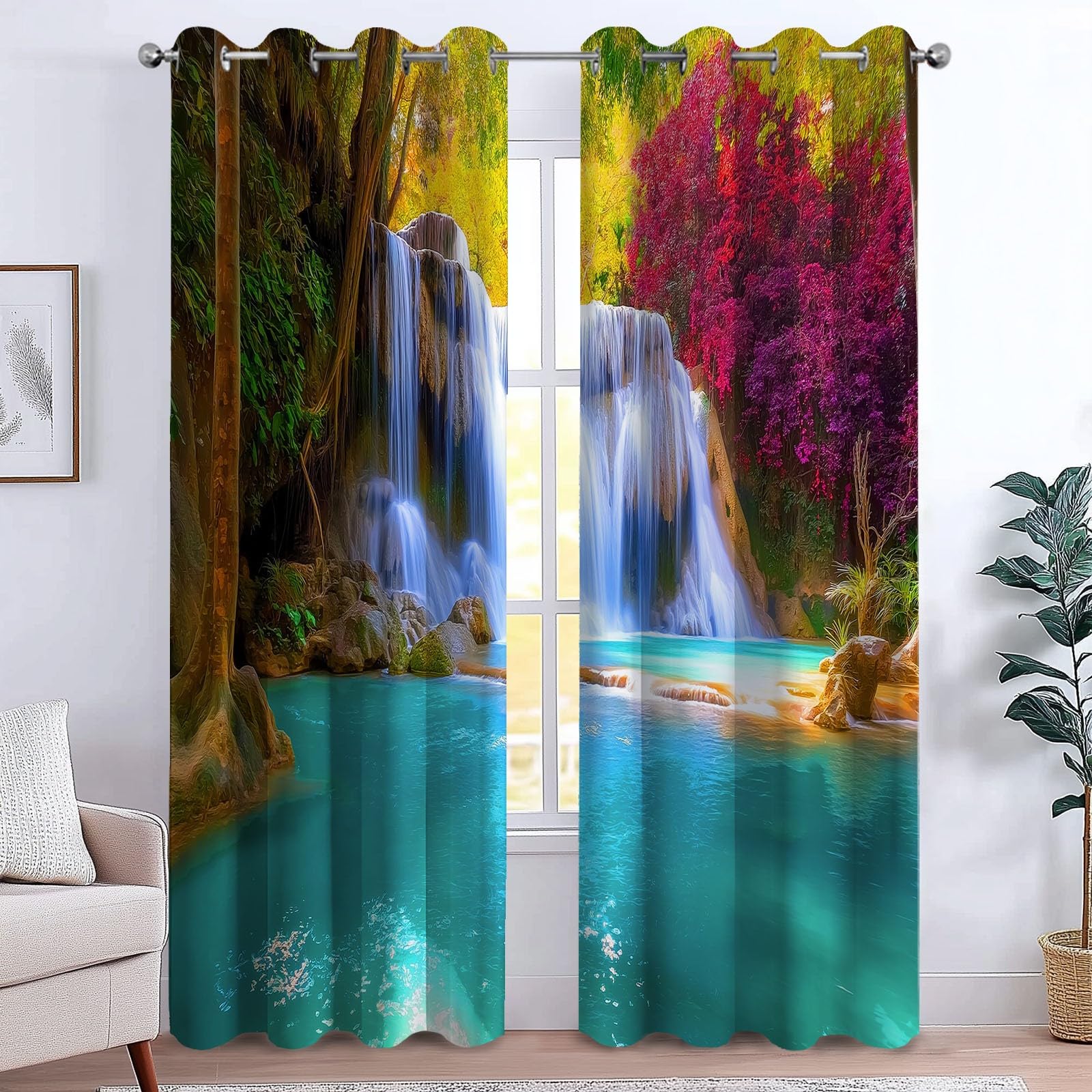 Verdunklungsvorhänge Garten Bäume Kinderzimmer Vorhänge Blickdicht, Hellblau Thermovorhang mit Ösen, für Schlafzimmer Fenster & Balkon Natur Felsen - 110 x 215 cm (2er Set)