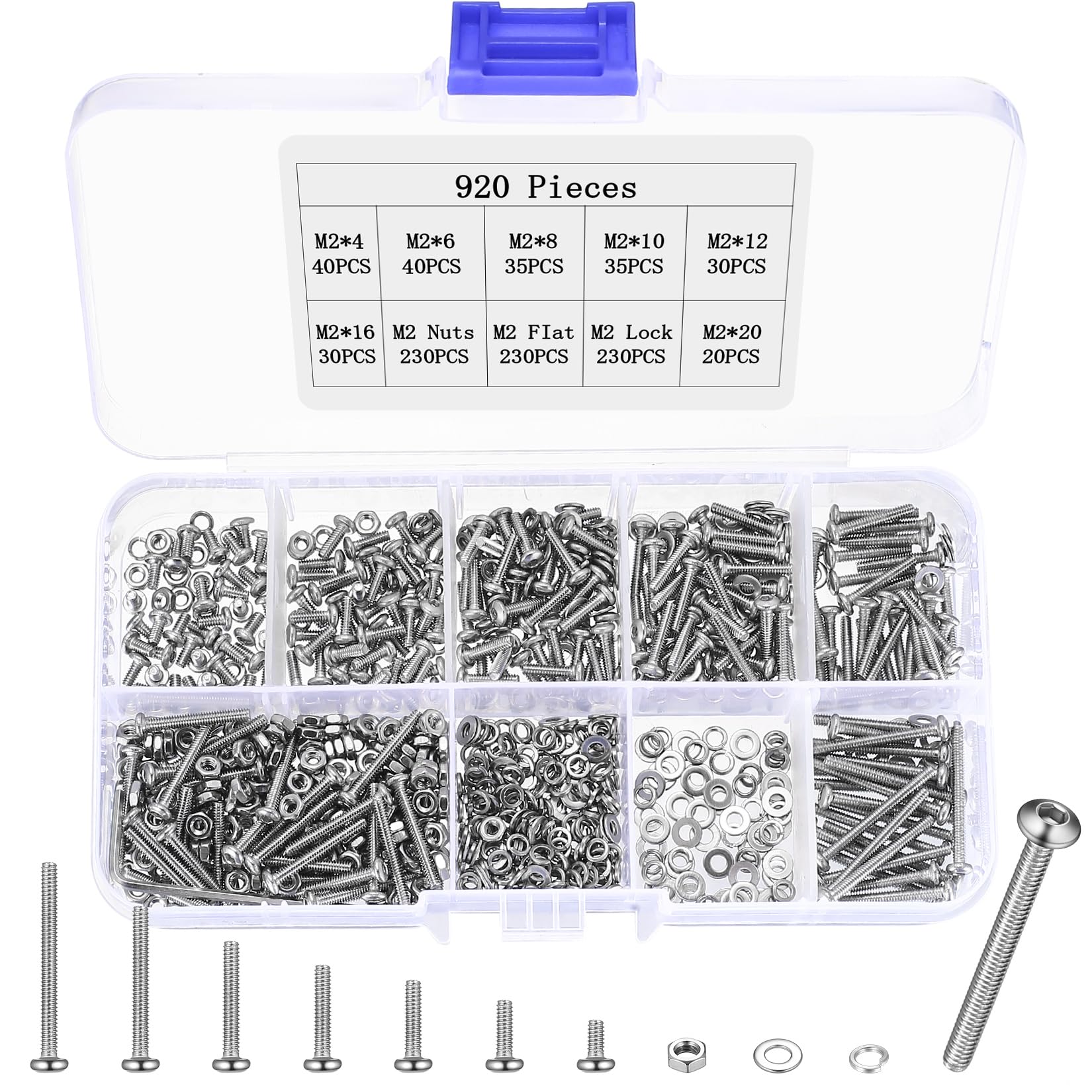 920 Pcs M2 Screws Set, M2 Bolts and Nuts Set, Hex Socket Button Head Screws Sets, Assorted Nuts and Bolts Sets, Stainless Steel Pan Round Head Machine Screw Assortment Kit with Washers
